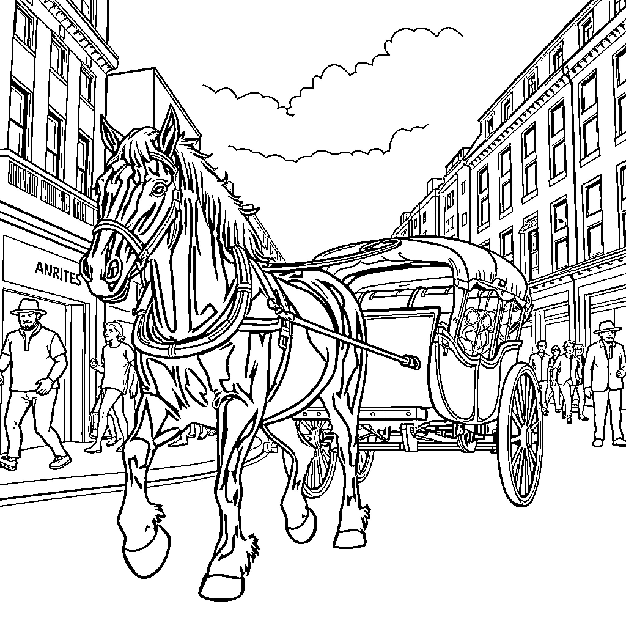 Friesian Horse Pulling a Carriage on a City Street Coloring Page (free black-and-white line drawing printable PDF for all, from beginners to advanced learners, including children, teens, adults, and seniors)