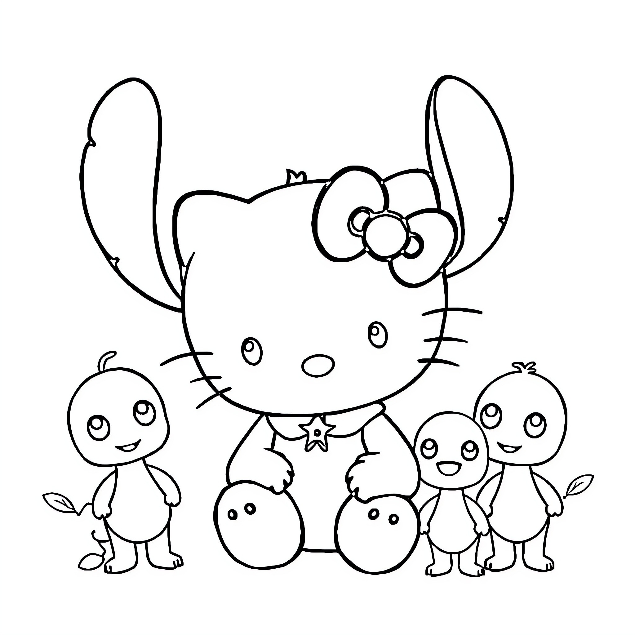 Hello Kitty and friends in an illustrated scene Coloring Page (free black-and-white line drawing printable PDF for all, from beginners to advanced learners, including children, teens, adults, and seniors)