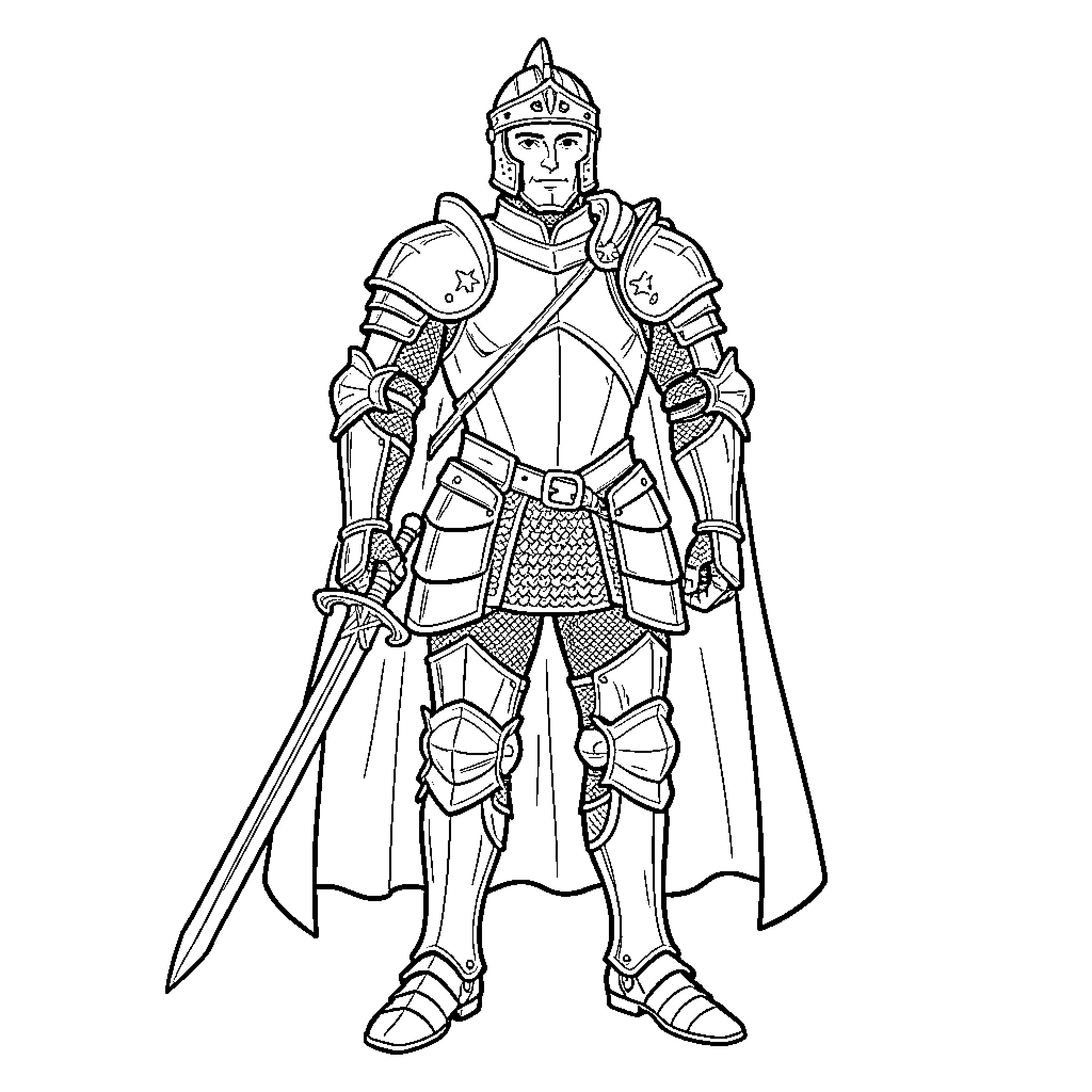 Chevalier standing tall in full plate armor with sword Coloring Page (free black-and-white line drawing printable PDF for all, from beginners to advanced learners, including children, teens, adults, and seniors)