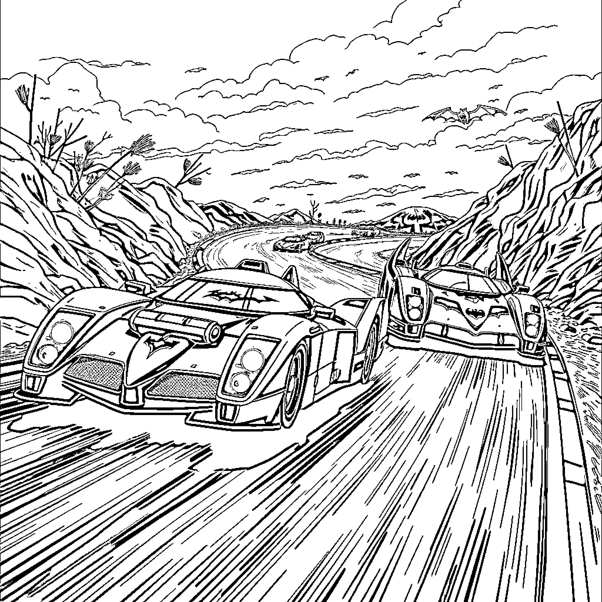 Batmobile racing through a dramatic landscape Coloring Page (free black-and-white line drawing printable PDF for all, from beginners to advanced learners, including children, teens, adults, and seniors)