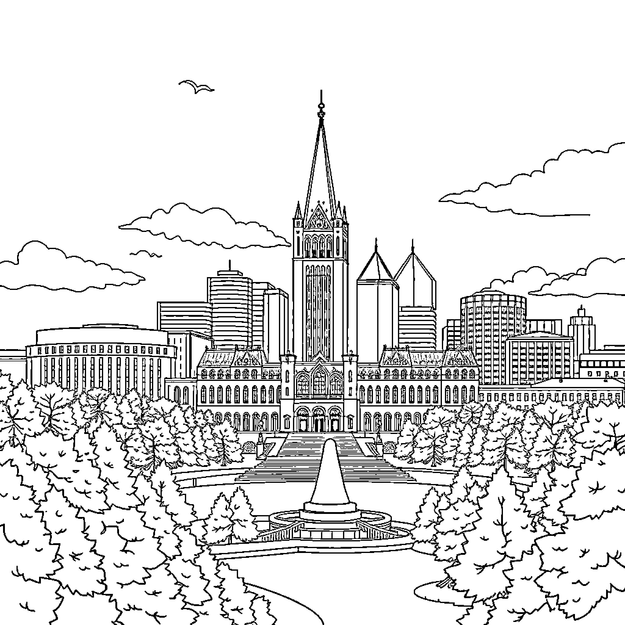 Ottawa cityscape with architectural landmarks Coloring Page (free black-and-white line drawing printable PDF for all, from beginners to advanced learners, including children, teens, adults, and seniors)