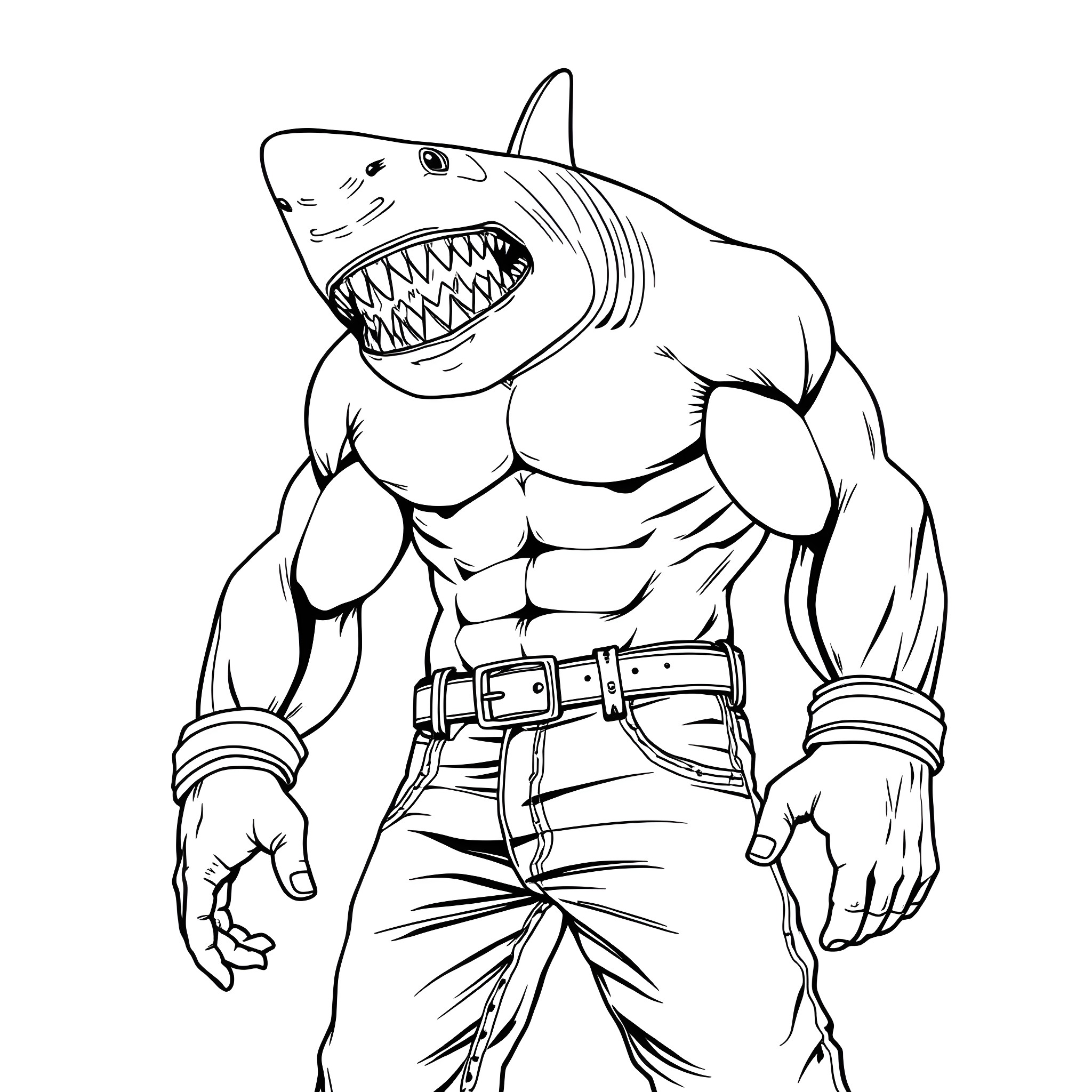 Shark warrior with muscular body and sharp teeth Coloring Page (free black-and-white line drawing printable PDF for all, from beginners to advanced learners, including children, teens, adults, and seniors)