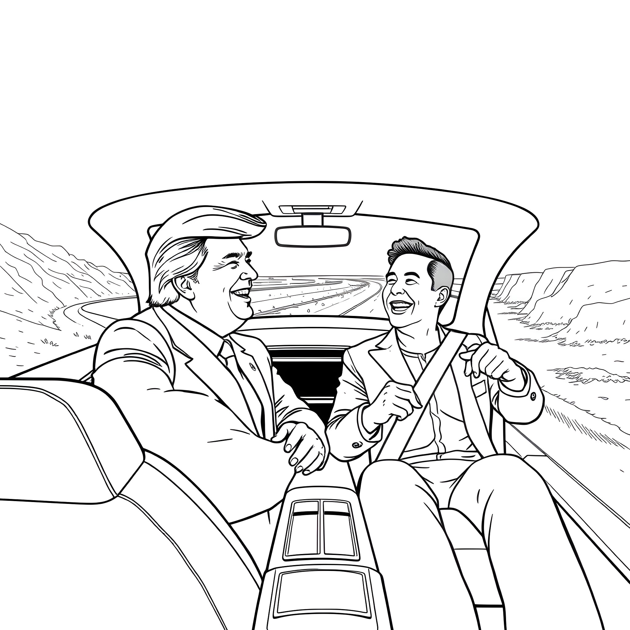 Car ride with two friends on the road Coloring Page (free black-and-white line drawing printable PDF for all, from beginners to advanced learners, including children, teens, adults, and seniors)
