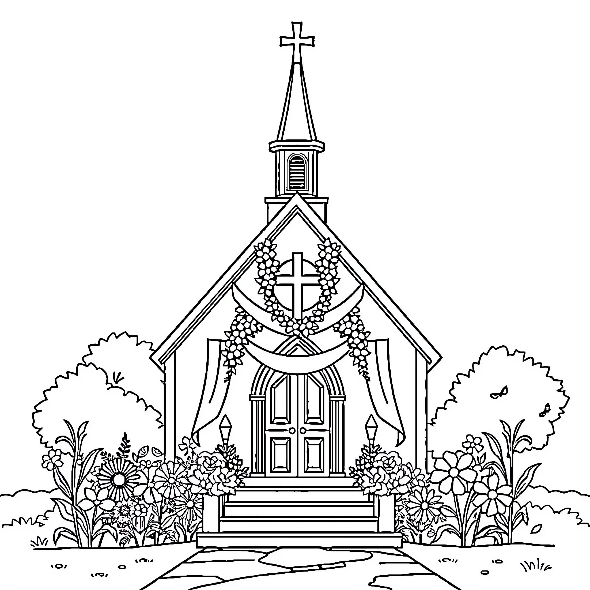 Church with Floral Decorations on Entrance Coloring Page (free black-and-white line drawing printable PDF for all, from beginners to advanced learners, including children, teens, adults, and seniors)