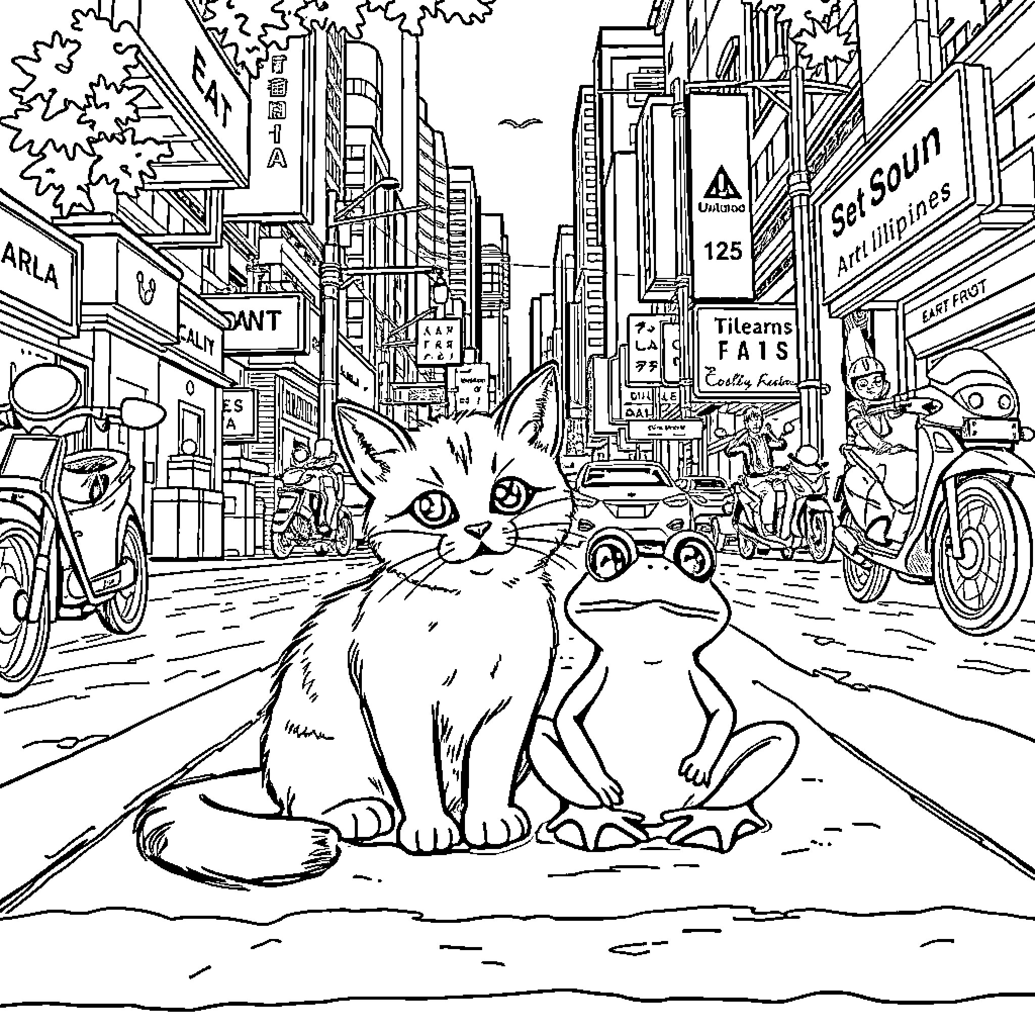 Cat and Frog in the City Coloring Page (free black-and-white line drawing printable PDF for all, from beginners to advanced learners, including children, teens, adults, and seniors)