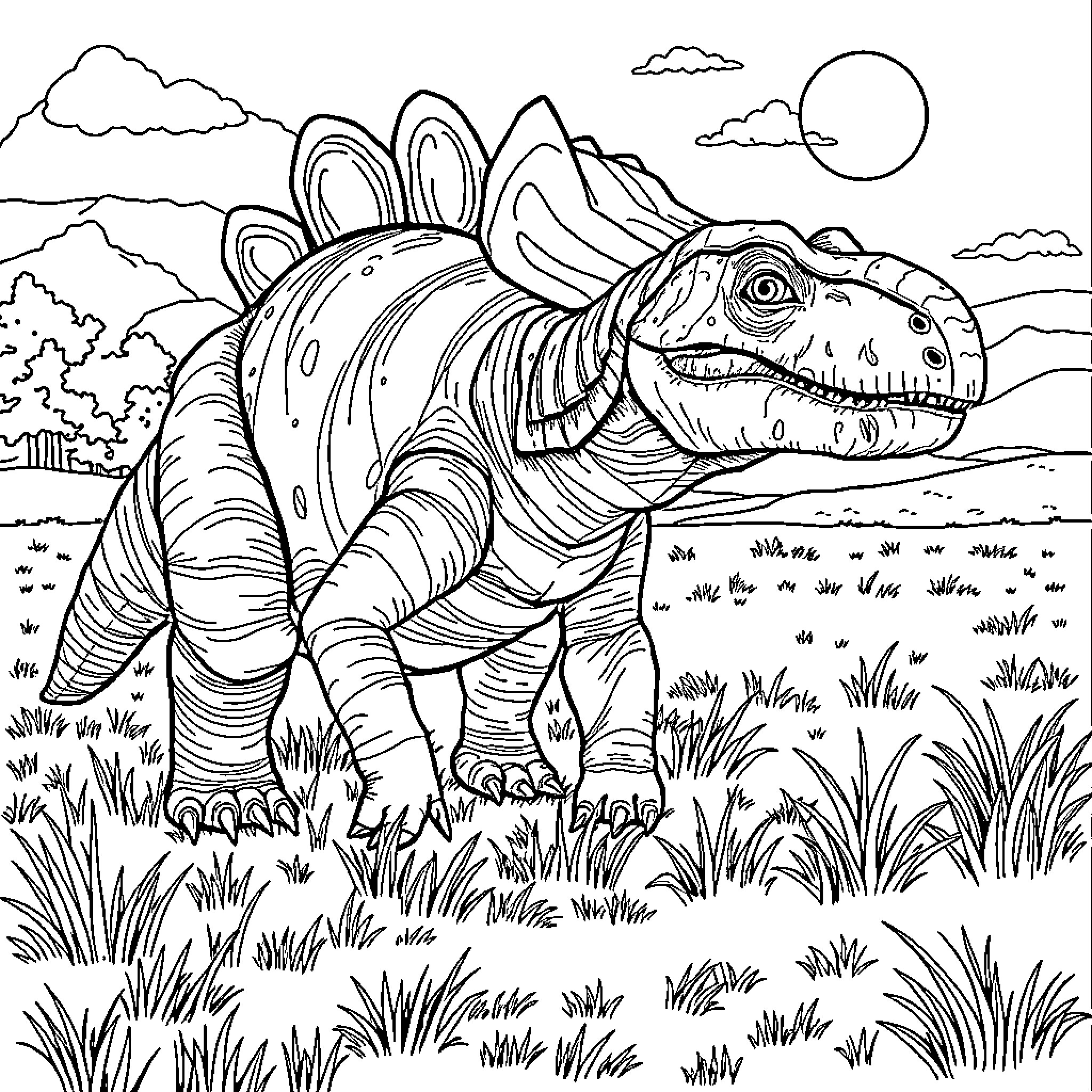 Euoplocephalus dinosaur strolling through the grassland Coloring Page (free black-and-white line drawing printable PDF for all, from beginners to advanced learners, including children, teens, adults, and seniors)