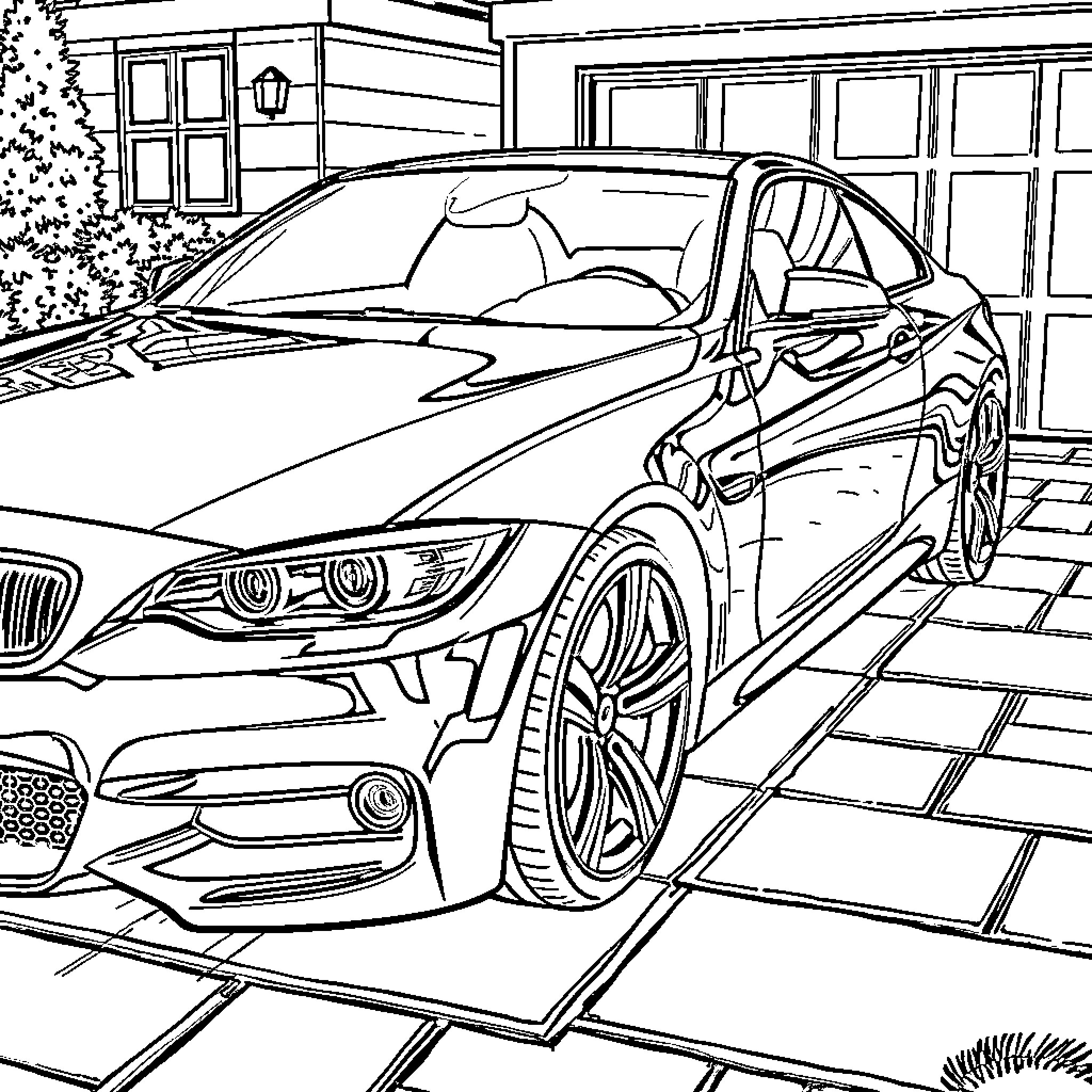 Auto Luxury Sedan Parked in Driveway Coloring Page (free black-and-white line drawing printable PDF for all, from beginners to advanced learners, including children, teens, adults, and seniors)