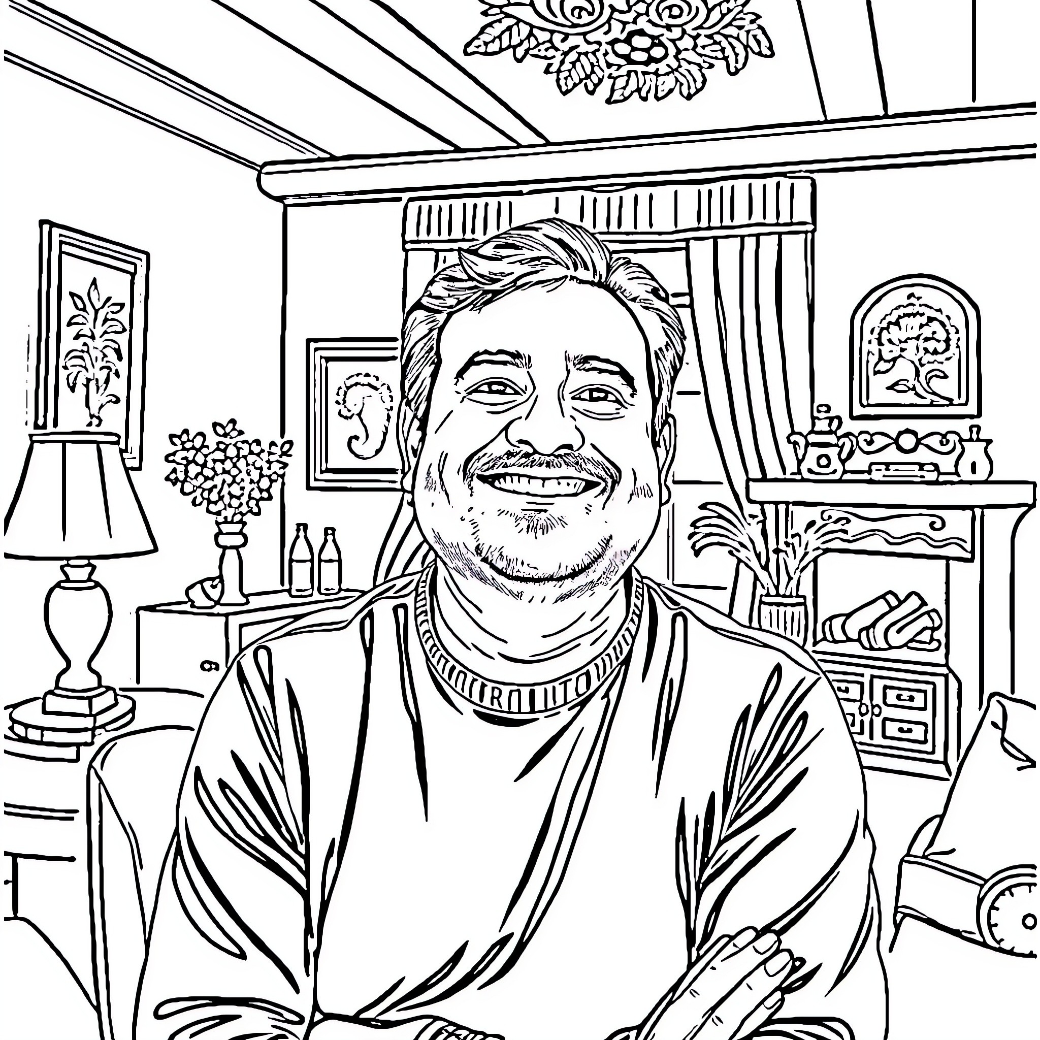 Dinesh Gharal sitting happily in a cozy home setting Coloring Page (free black-and-white line drawing printable PDF for all, from beginners to advanced learners, including children, teens, adults, and seniors)