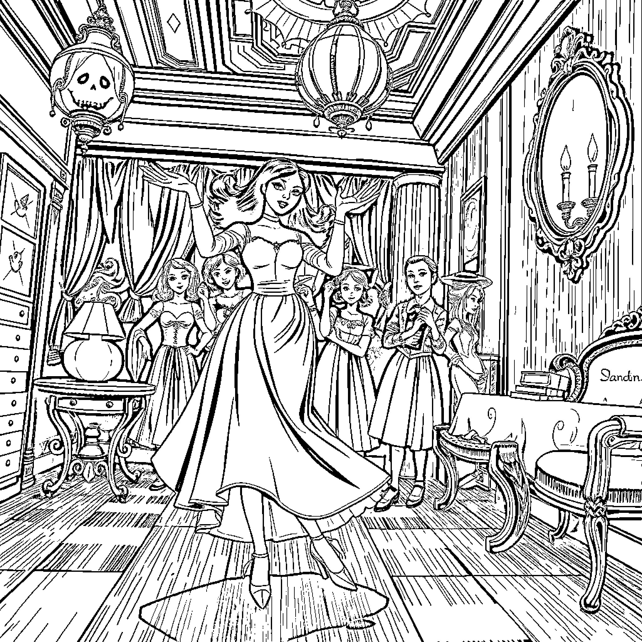 Wednesday Addams and her family in a formal setting Coloring Page (free black-and-white line drawing printable PDF for all, from beginners to advanced learners, including children, teens, adults, and seniors)