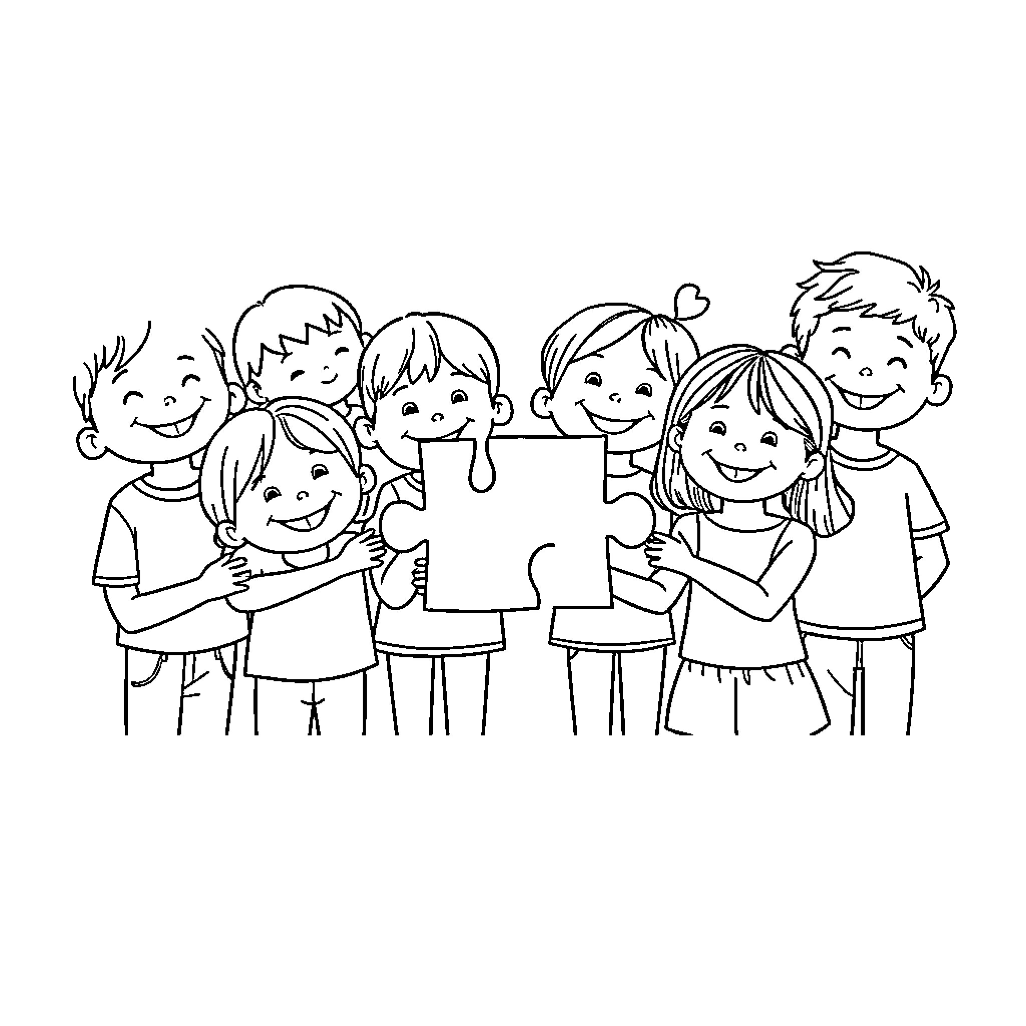 Kid friends holding up a blank sign happily Coloring Page (free black-and-white line drawing printable PDF for all, from beginners to advanced learners, including children, teens, adults, and seniors)