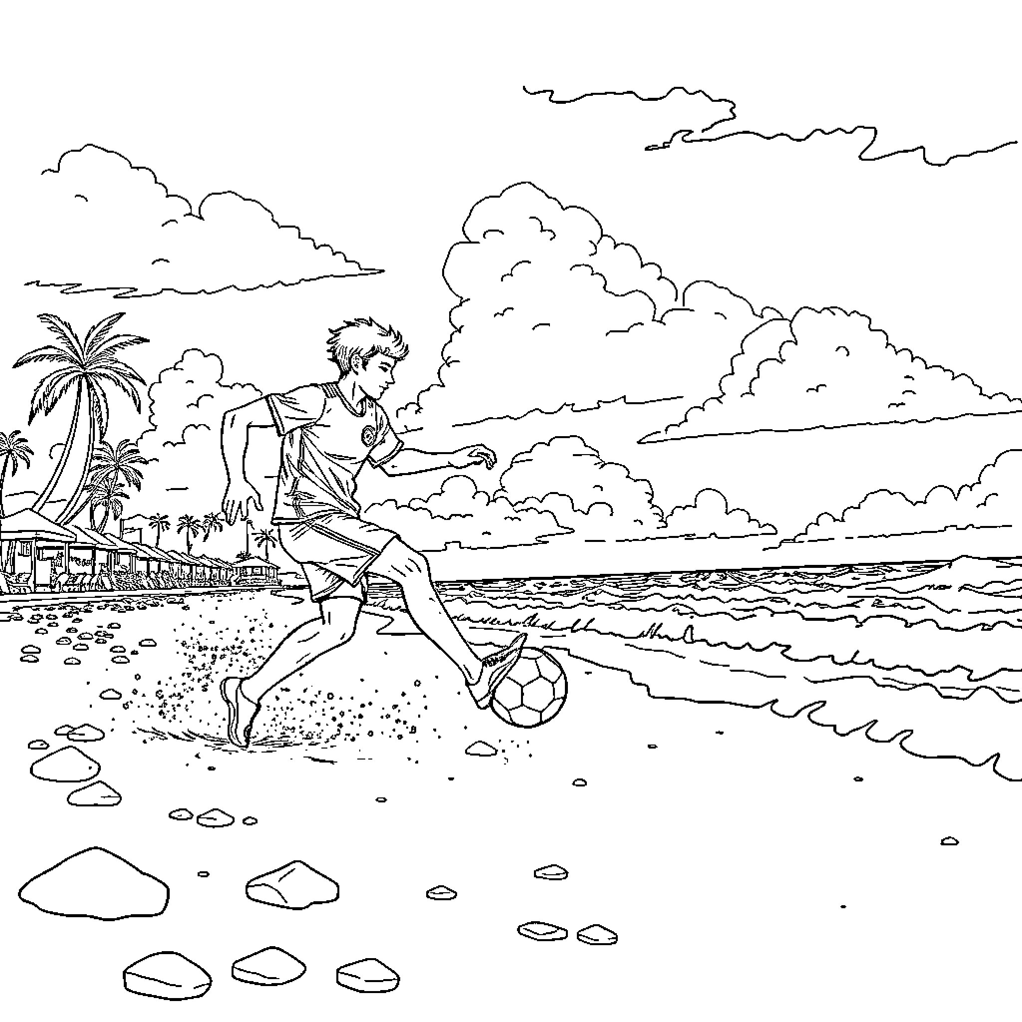 Super Zing Summer Beach Soccer Adventure Coloring Page (free black-and-white line drawing printable PDF for all, from beginners to advanced learners, including children, teens, adults, and seniors)