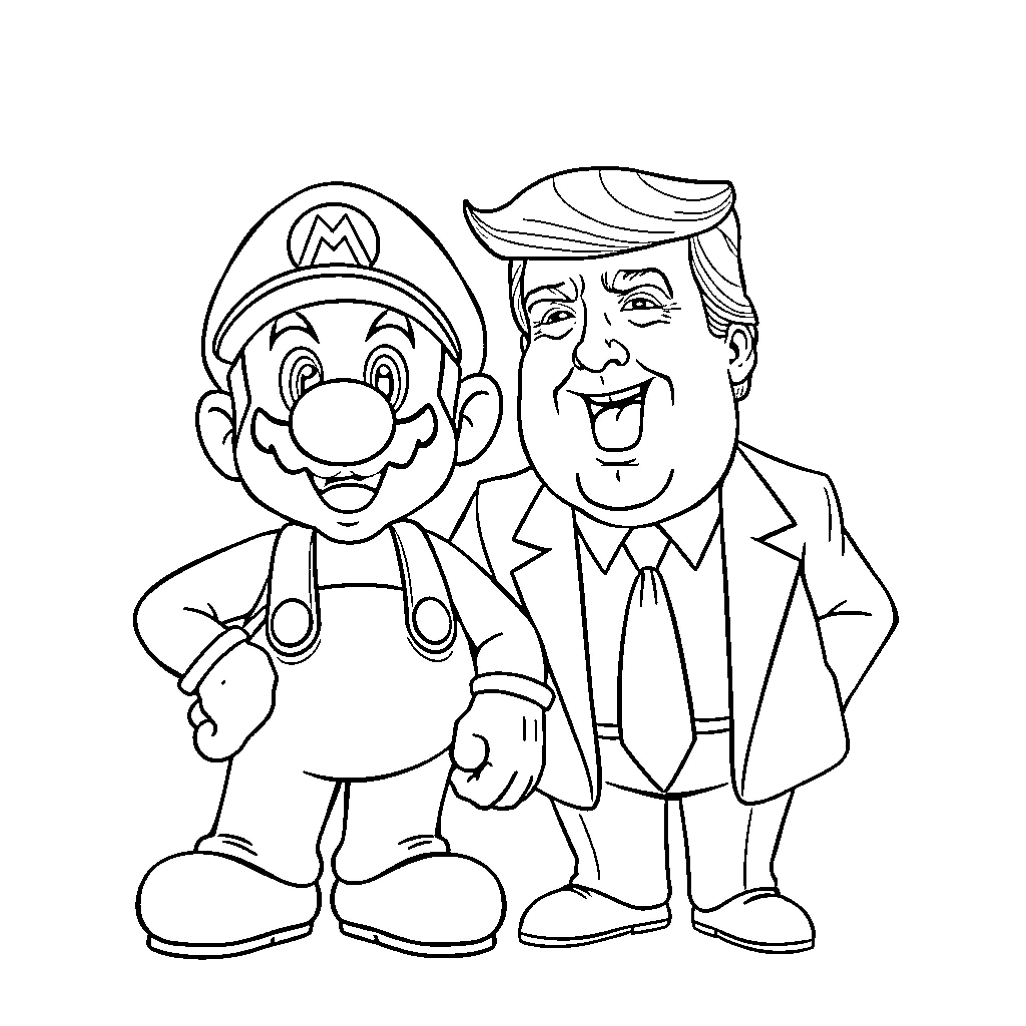 Mario and Trump Meet in Comical Encounter Coloring Page (free black-and-white line drawing printable PDF for all, from beginners to advanced learners, including children, teens, adults, and seniors)