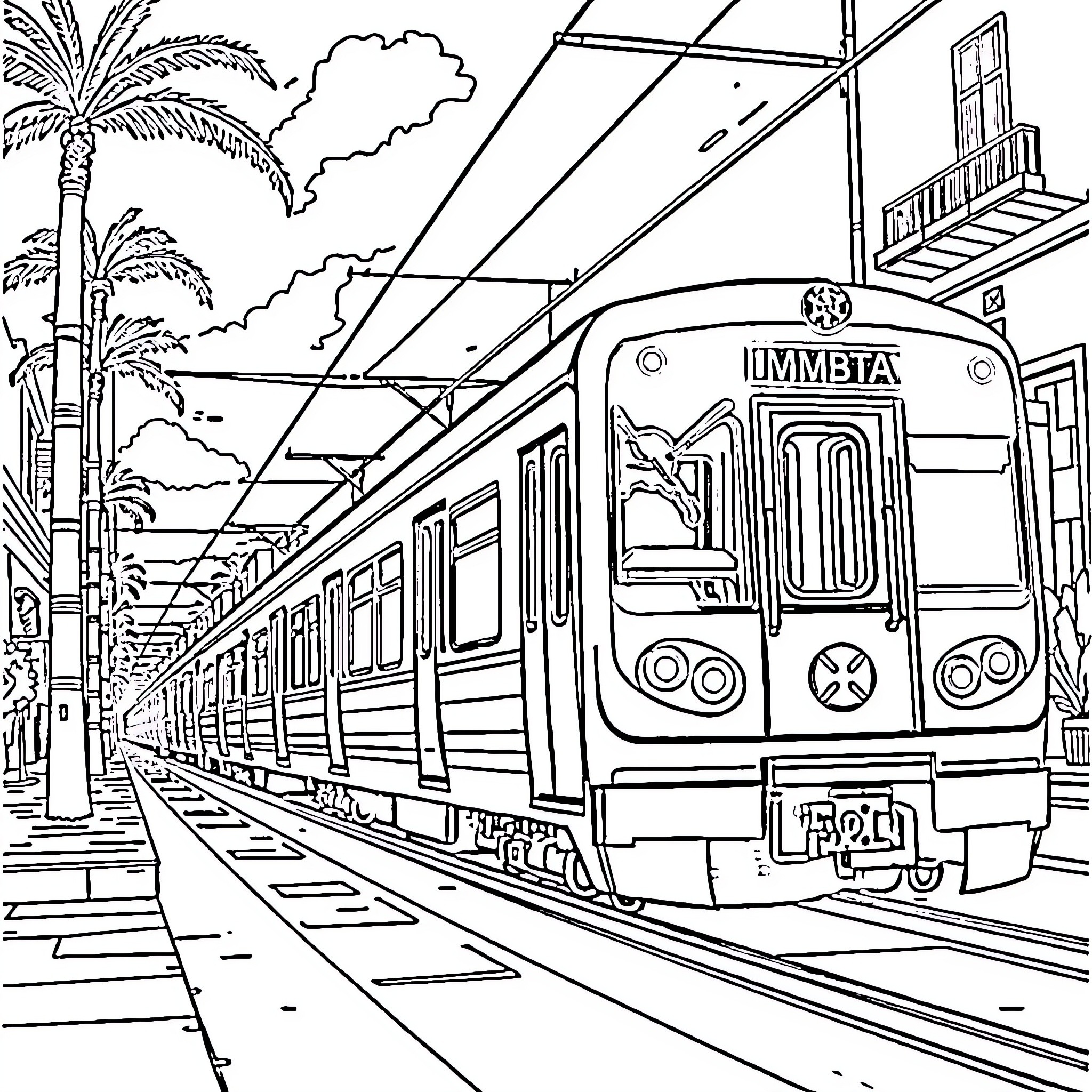 Train arriving at a tropical city station Coloring Page (free black-and-white line drawing printable PDF for all, from beginners to advanced learners, including children, teens, adults, and seniors)