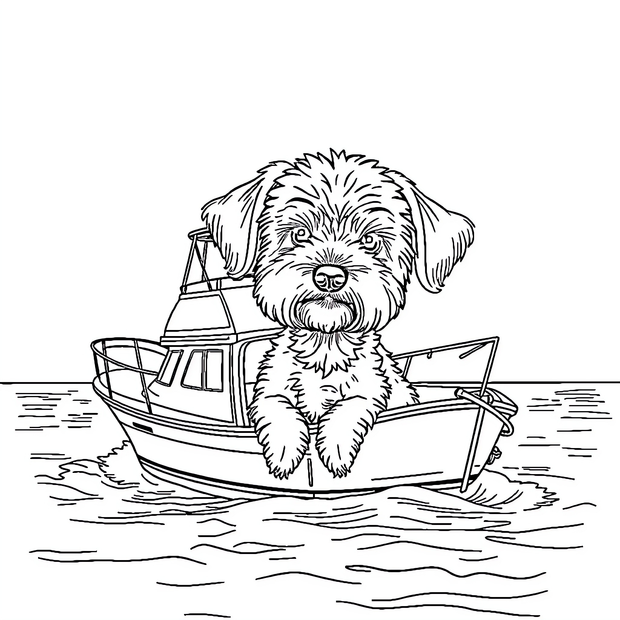 Boat with a curious dog on board Coloring Page (free black-and-white line drawing printable PDF for all, from beginners to advanced learners, including children, teens, adults, and seniors)