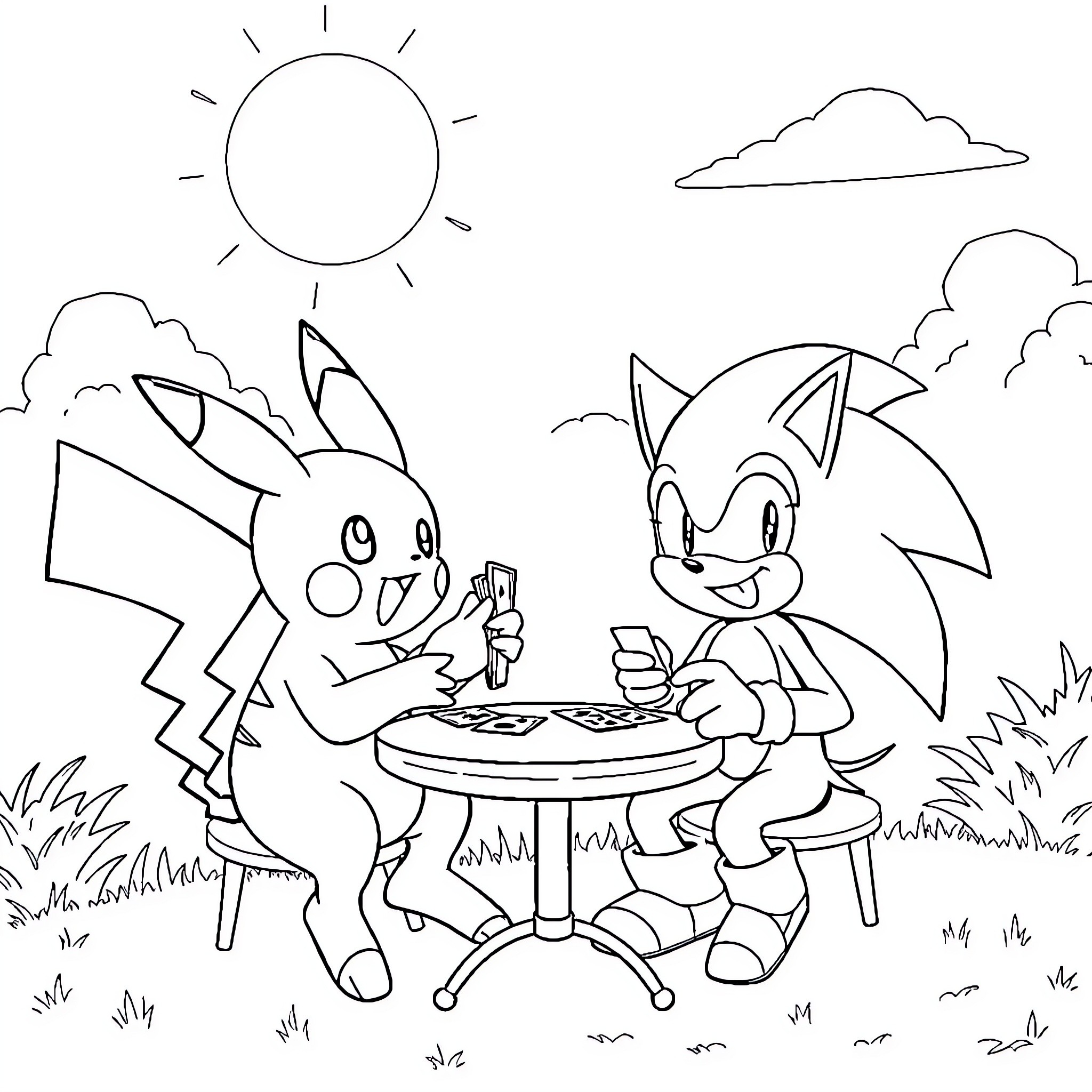 Pikachu and Sonic Enjoying a Picnic Outdoors Coloring Page (free black-and-white line drawing printable PDF for all, from beginners to advanced learners, including children, teens, adults, and seniors)