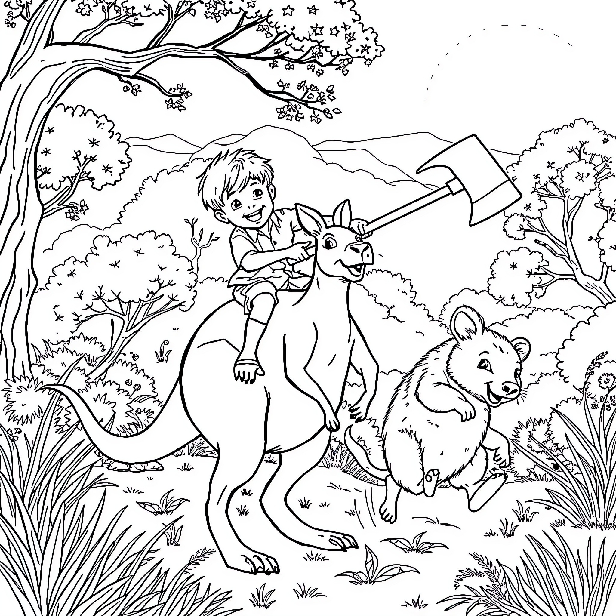 Kangaroo friends explore the lush forest Coloring Page (free black-and-white line drawing printable PDF for all, from beginners to advanced learners, including children, teens, adults, and seniors)