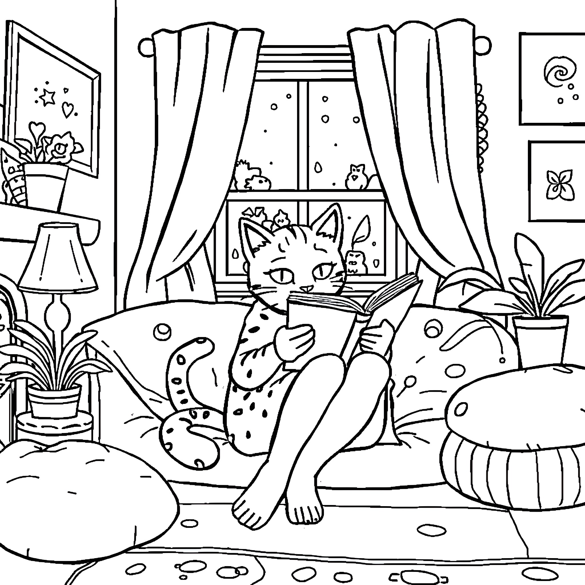 Tabitha's Cozy Reading Nook Coloring Page (free black-and-white line drawing printable PDF for all, from beginners to advanced learners, including children, teens, adults, and seniors)