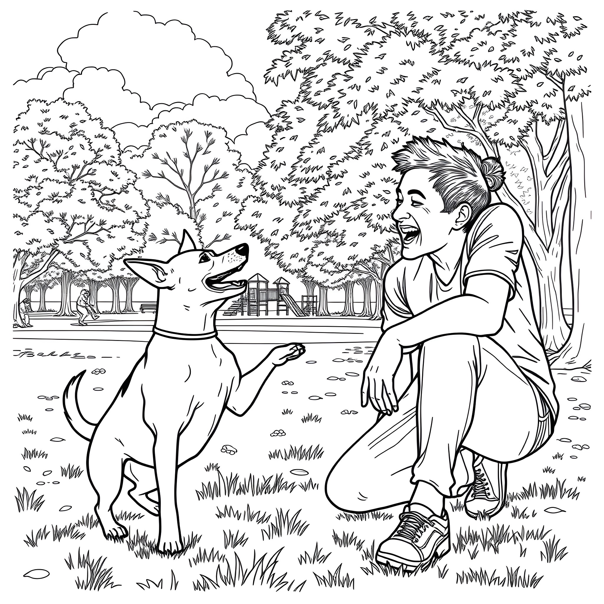 Jack Russell playing fetch with boy in park Coloring Page (free black-and-white line drawing printable PDF for all, from beginners to advanced learners, including children, teens, adults, and seniors)