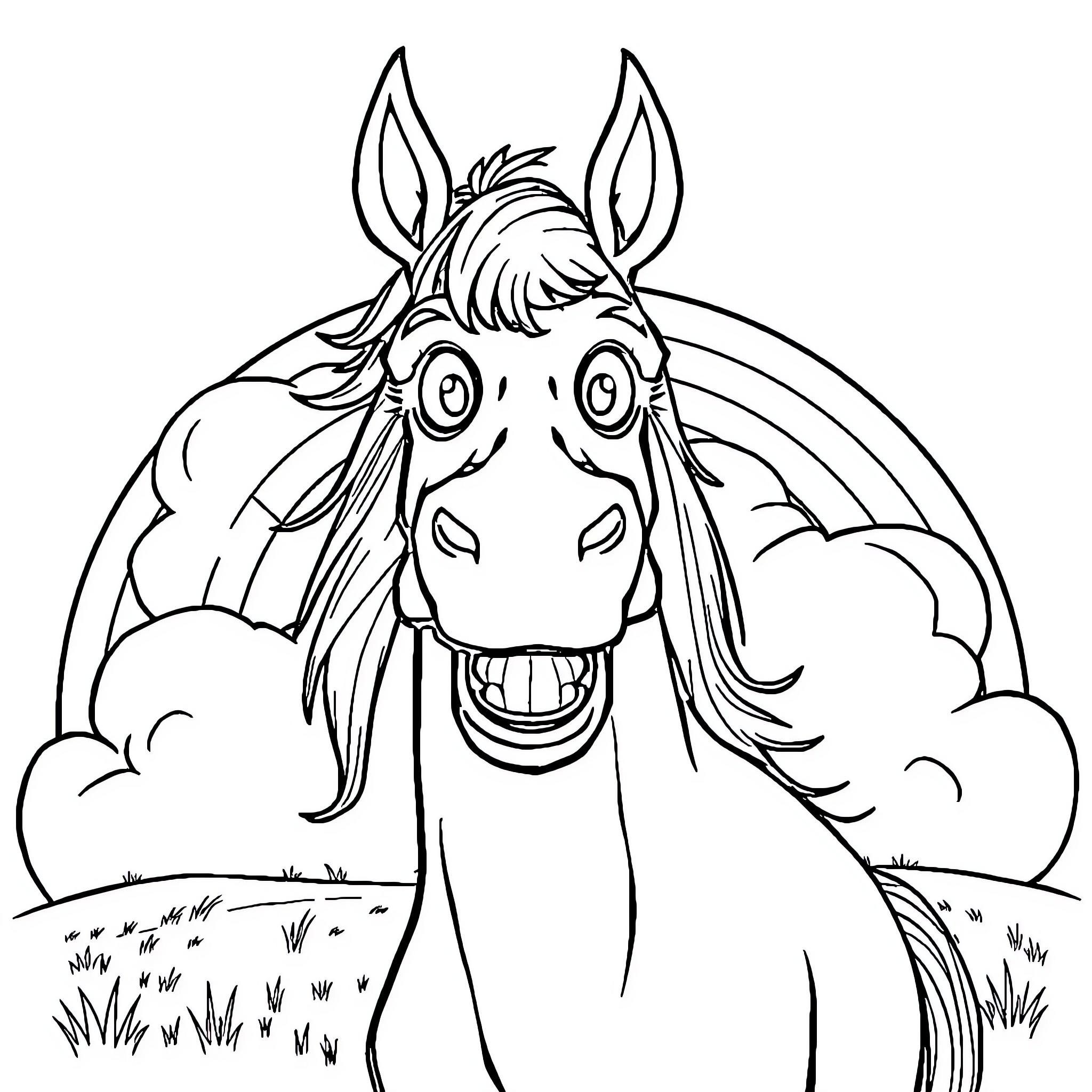 Horse with a silly expression in a scenic outdoor setting Coloring Page (free black-and-white line drawing printable PDF for all, from beginners to advanced learners, including children, teens, adults, and seniors)
