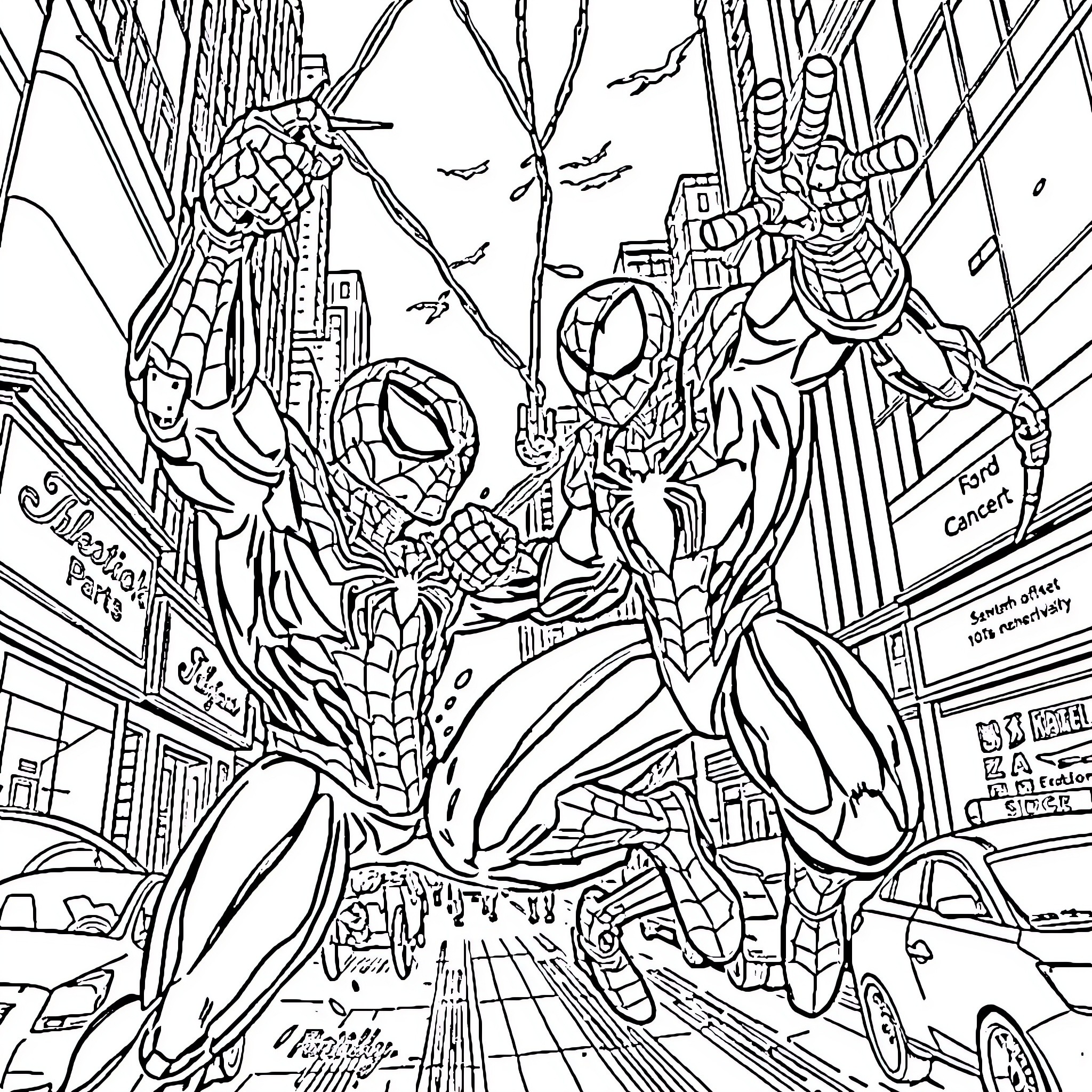 Spider-Heroes swinging through the bustling city Coloring Page (free black-and-white line drawing printable PDF for all, from beginners to advanced learners, including children, teens, adults, and seniors)