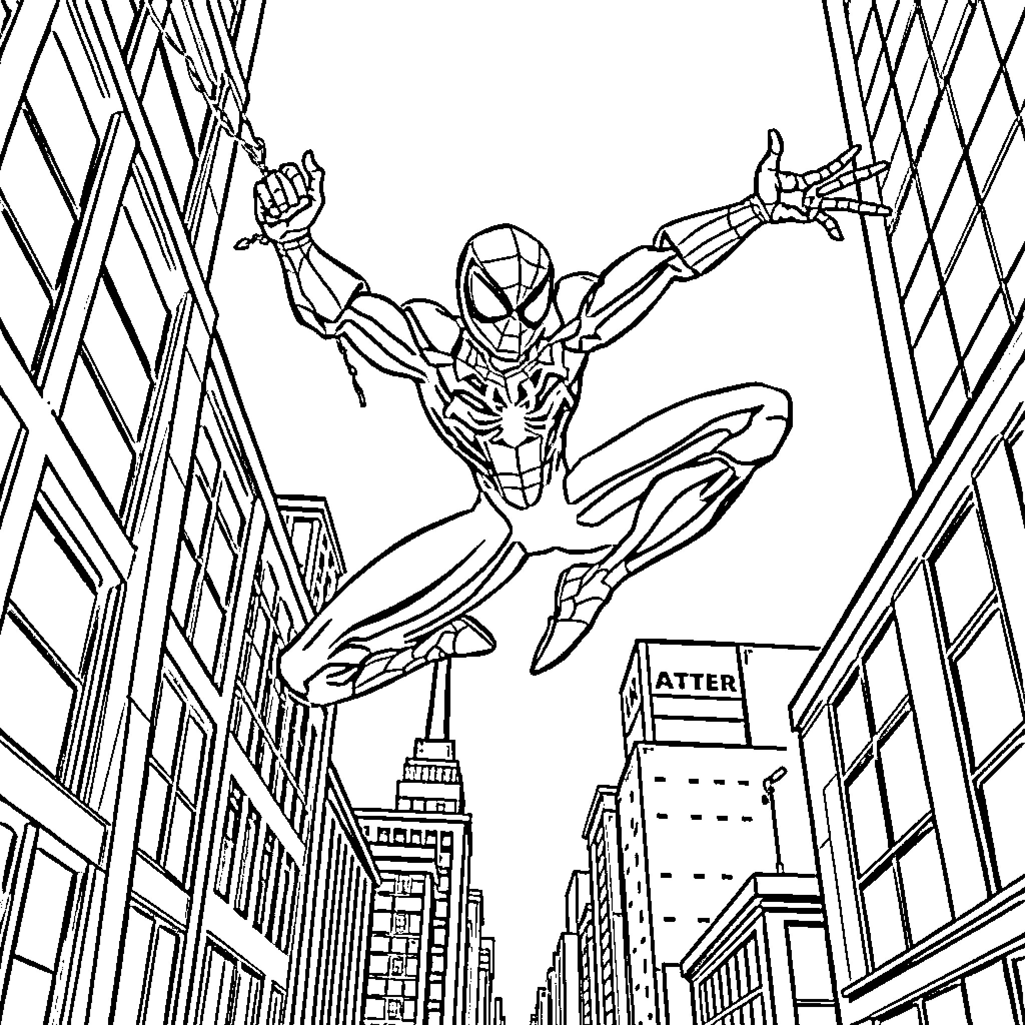 Spidy Swings High Above the City Coloring Page (free black-and-white line drawing printable PDF for all, from beginners to advanced learners, including children, teens, adults, and seniors)