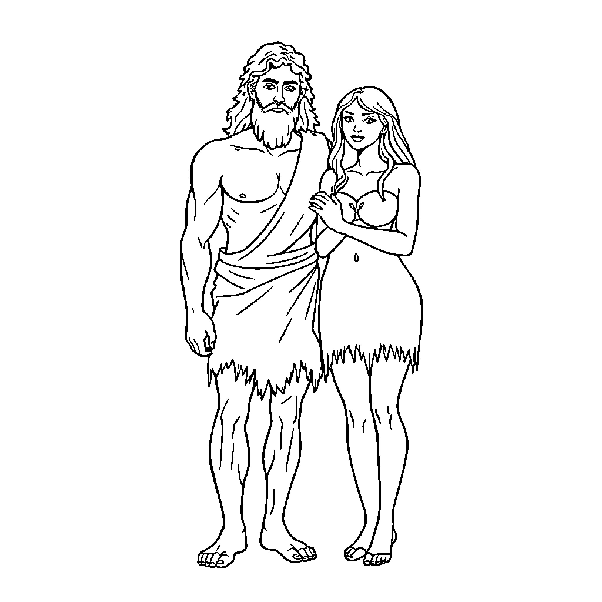 Adam and Eve in the Garden of Eden Coloring Page (free black-and-white line drawing printable PDF for all, from beginners to advanced learners, including children, teens, adults, and seniors)
