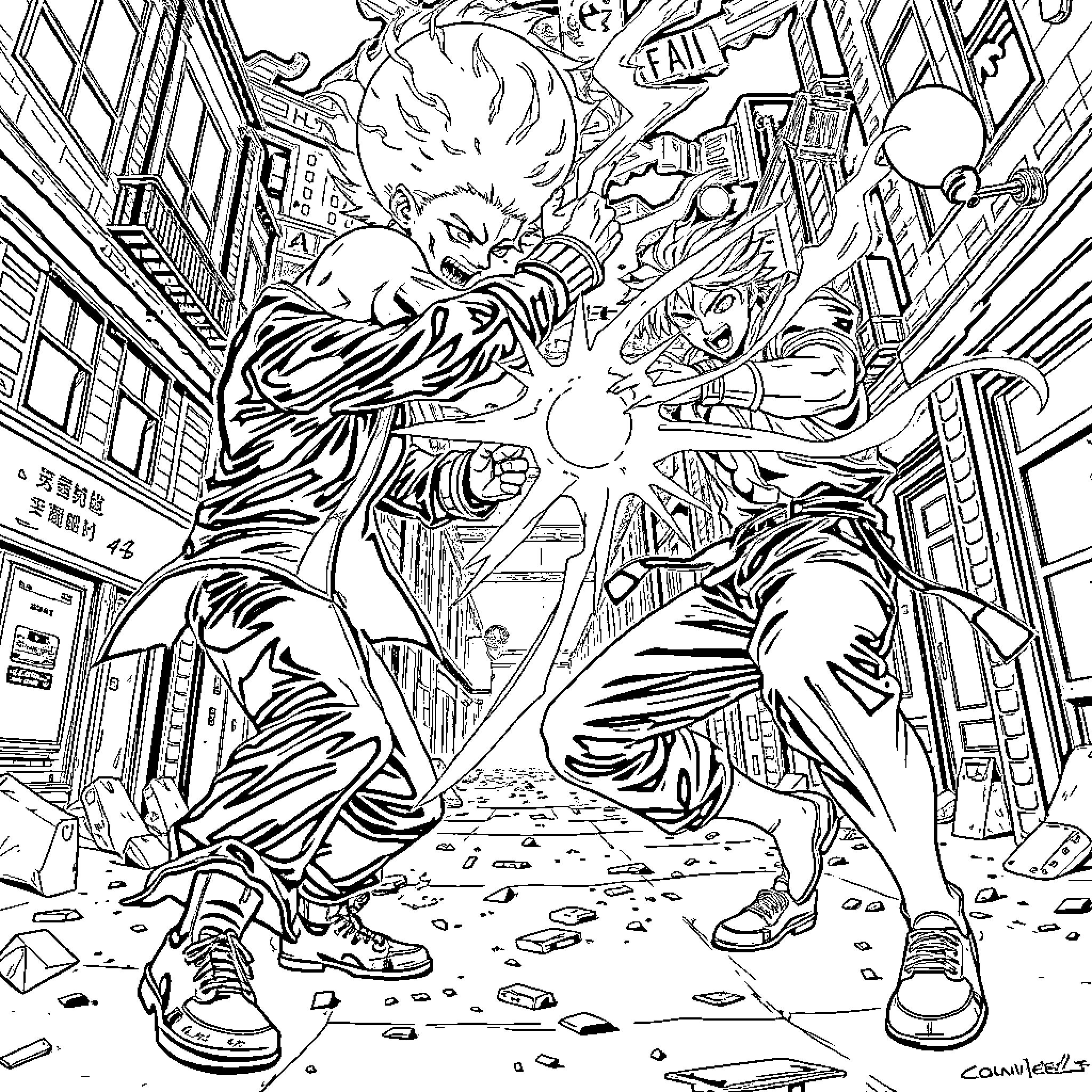 Killua's Intense Battle in the City Streets Coloring Page (free black-and-white line drawing printable PDF for all, from beginners to advanced learners, including children, teens, adults, and seniors)
