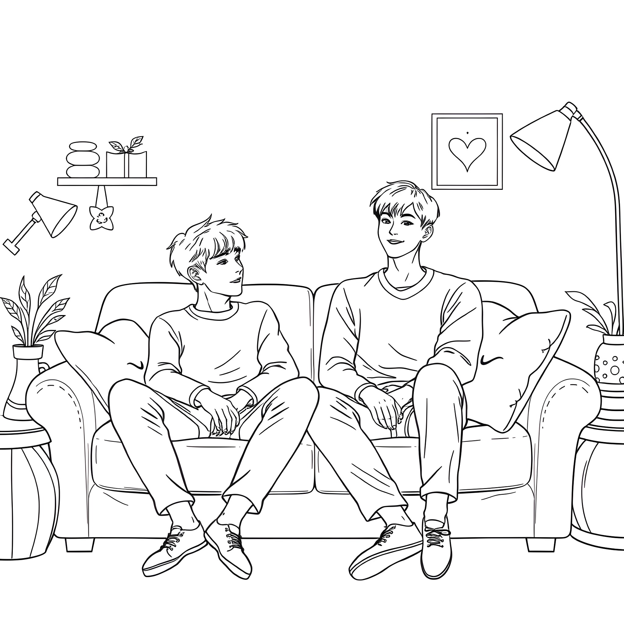 SVT Idols Relaxing on the Couch Coloring Page (free black-and-white line drawing printable PDF for all, from beginners to advanced learners, including children, teens, adults, and seniors)