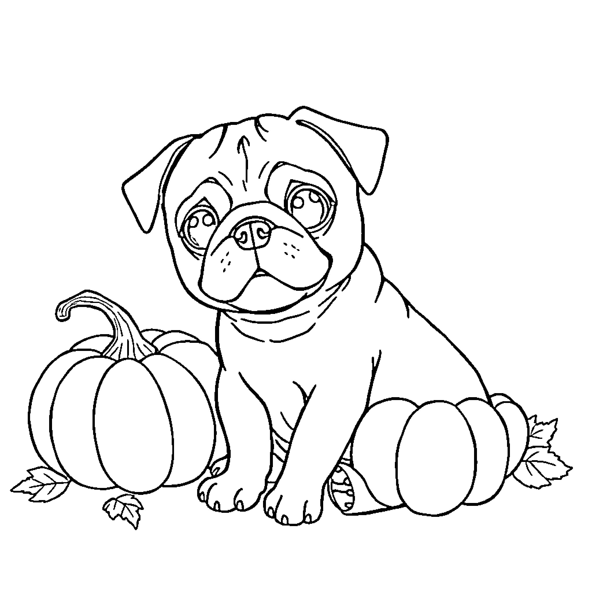 Pug sitting with pumpkins and autumn leaves Coloring Page (free black-and-white line drawing printable PDF for all, from beginners to advanced learners, including children, teens, adults, and seniors)