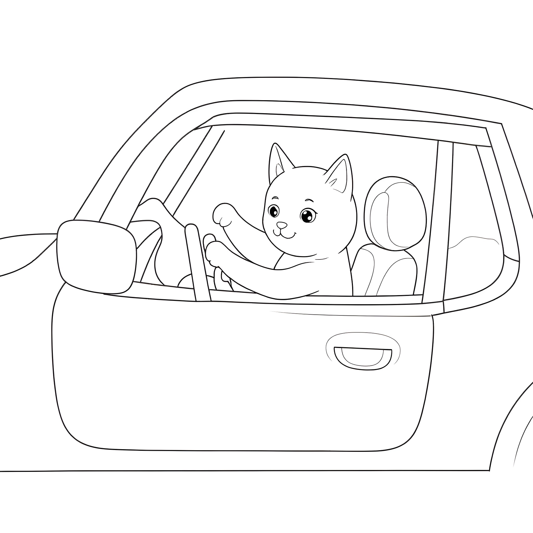 Cat driving a car Coloring Page (free black-and-white line drawing printable PDF for all, from beginners to advanced learners, including children, teens, adults, and seniors)