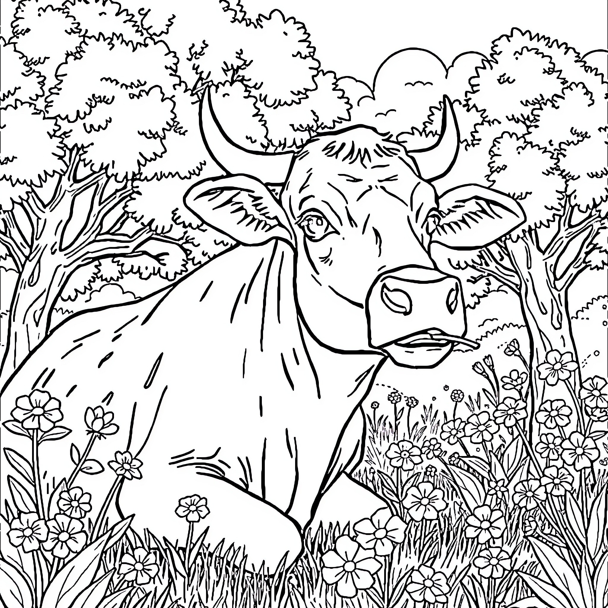 Vaca grazing peacefully in a lush garden Coloring Page (free black-and-white line drawing printable PDF for all, from beginners to advanced learners, including children, teens, adults, and seniors)