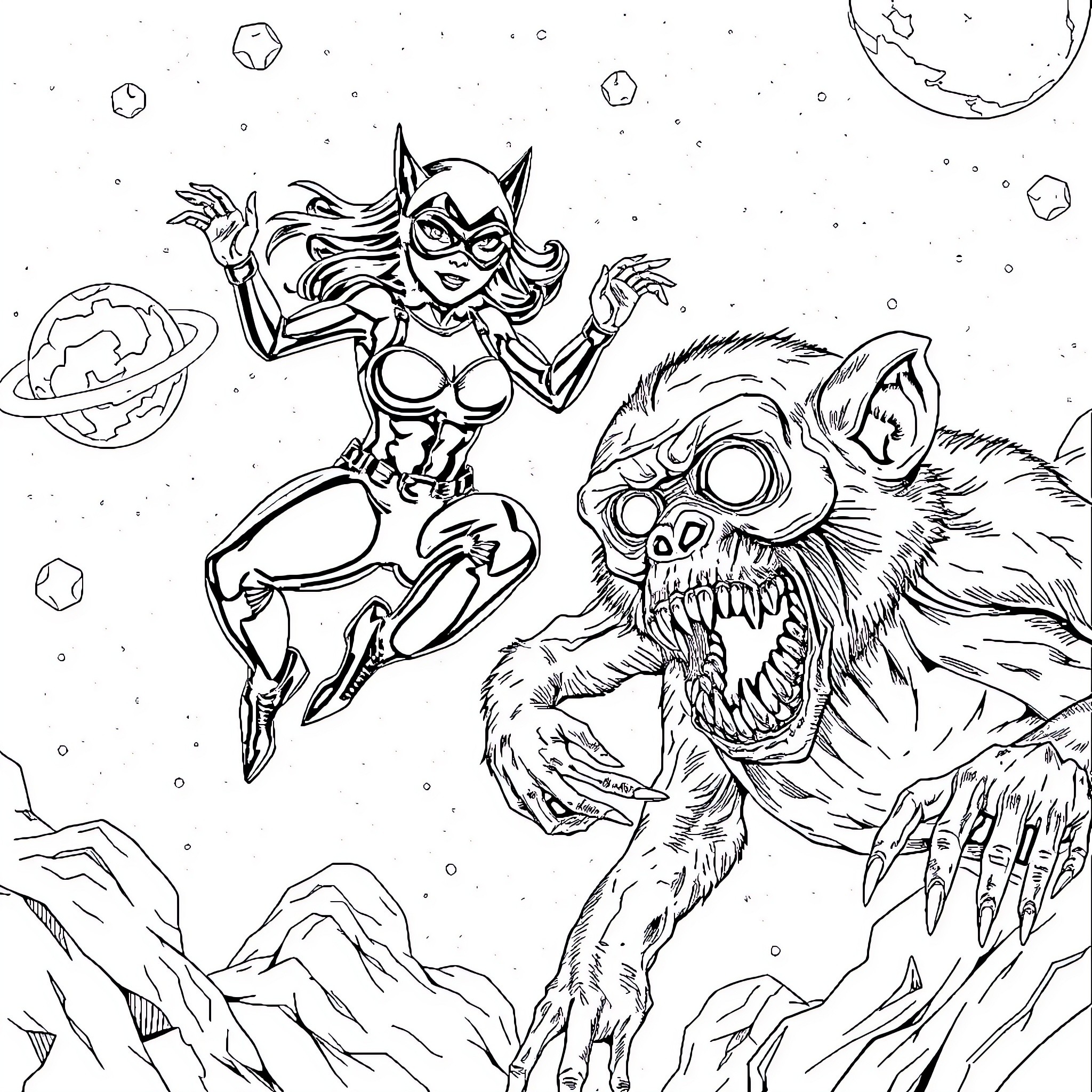 Catwoman battles a ferocious alien creature in space Coloring Page (free black-and-white line drawing printable PDF for all, from beginners to advanced learners, including children, teens, adults, and seniors)