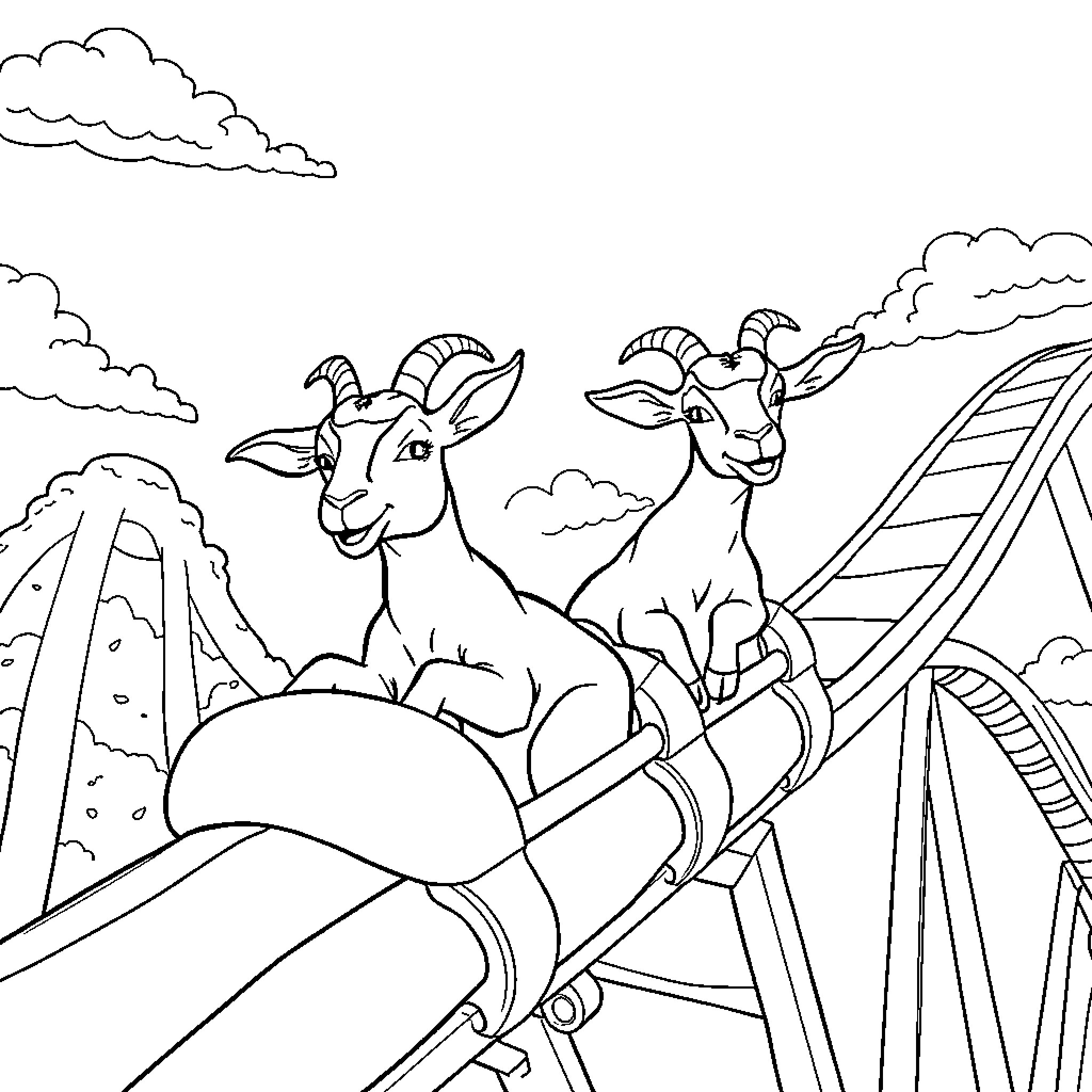 Goats enjoying a thrilling roller coaster ride Coloring Page (free black-and-white line drawing printable PDF for all, from beginners to advanced learners, including children, teens, adults, and seniors)