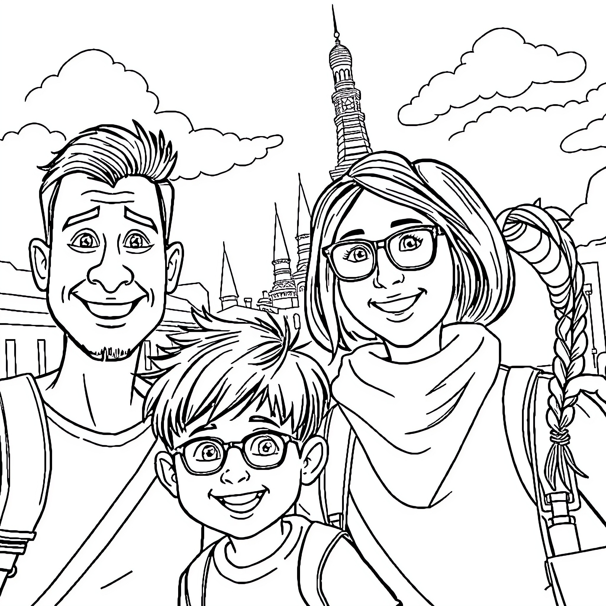 Family visiting a famous landmark Coloring Page (free black-and-white line drawing printable PDF for all, from beginners to advanced learners, including children, teens, adults, and seniors)