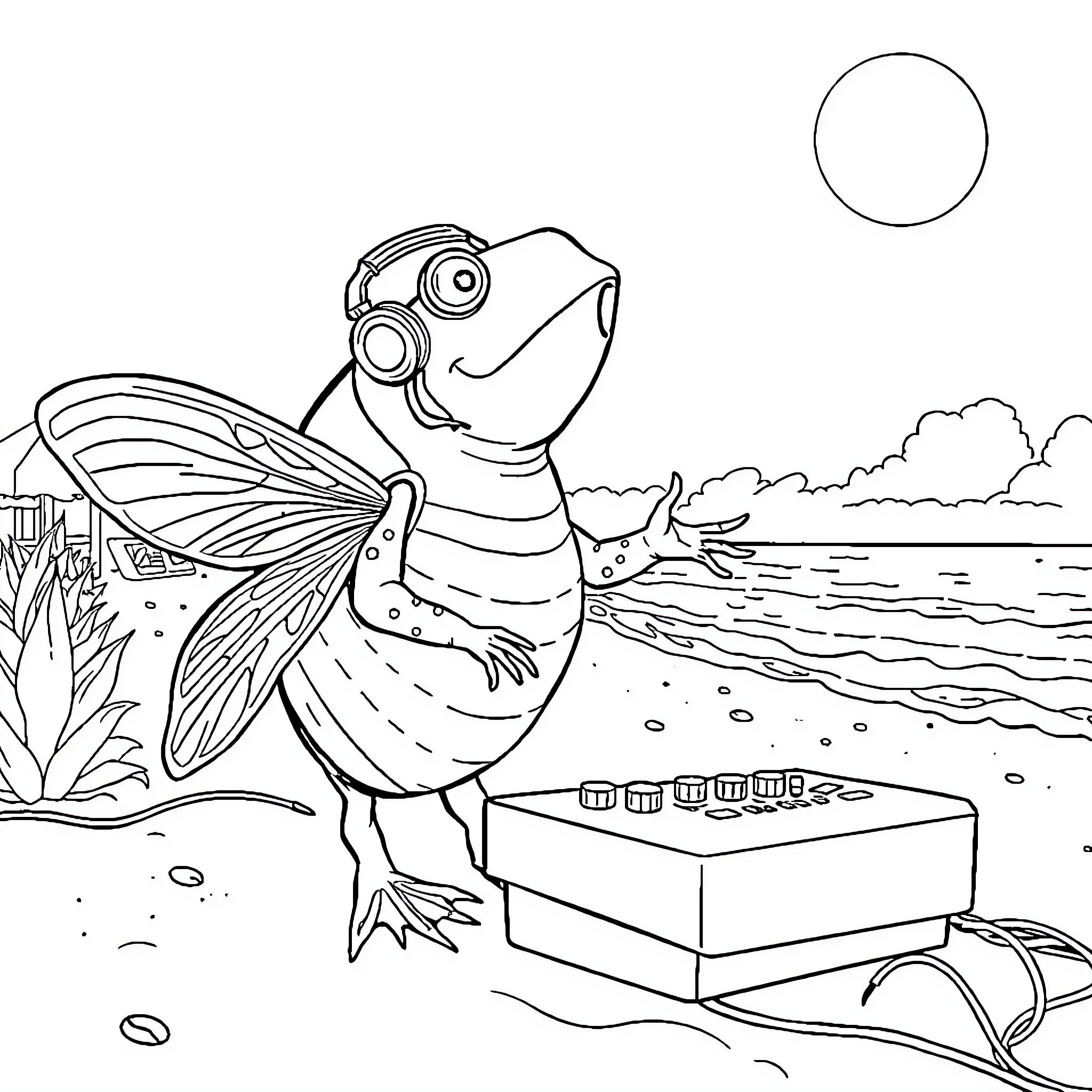 Concombre de Mer Playing Happily with Electronics on the Beach Coloring Page (free black-and-white line drawing printable PDF for all, from beginners to advanced learners, including children, teens, adults, and seniors)