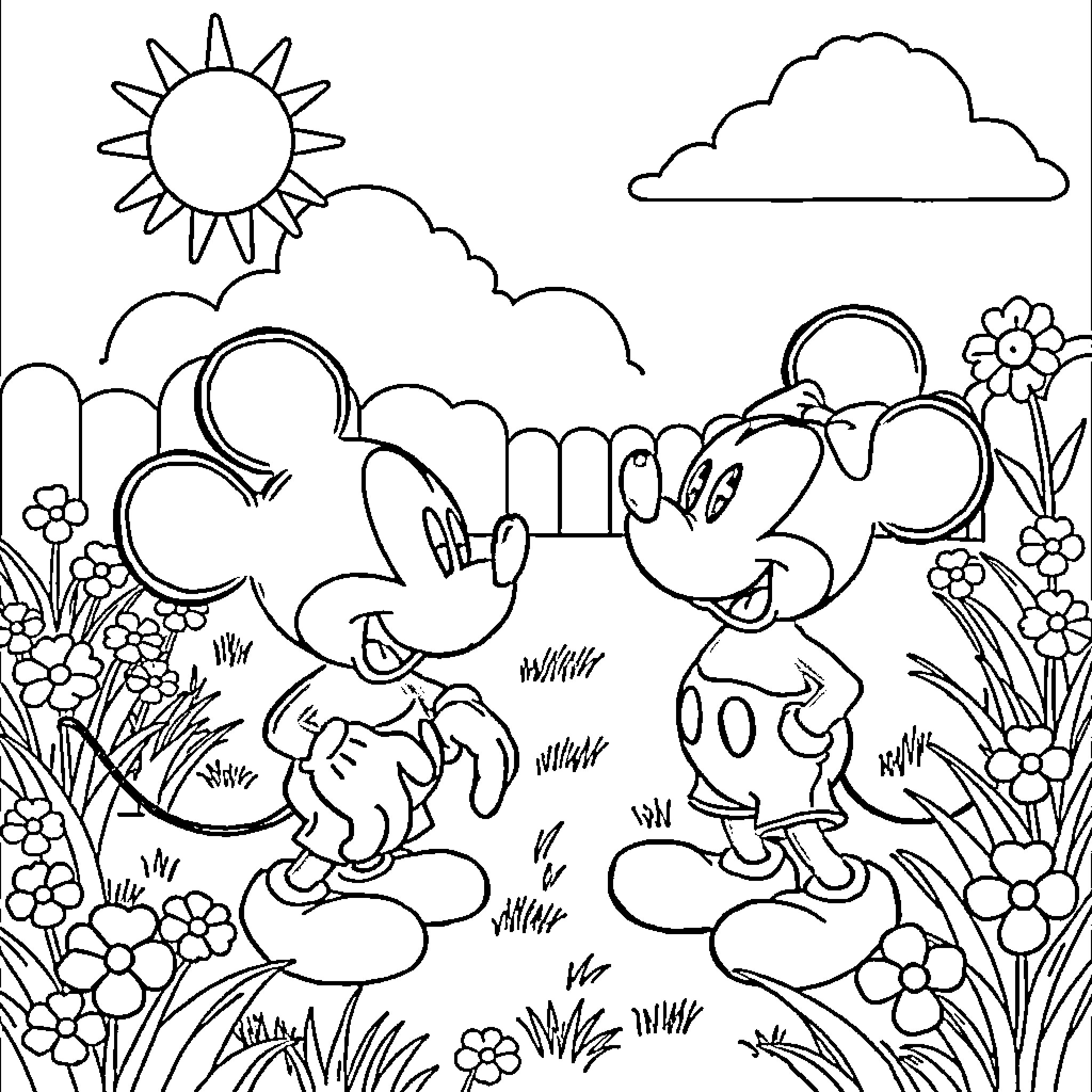 Mickey Mouse and friends playing in a garden Coloring Page (free black-and-white line drawing printable PDF for all, from beginners to advanced learners, including children, teens, adults, and seniors)