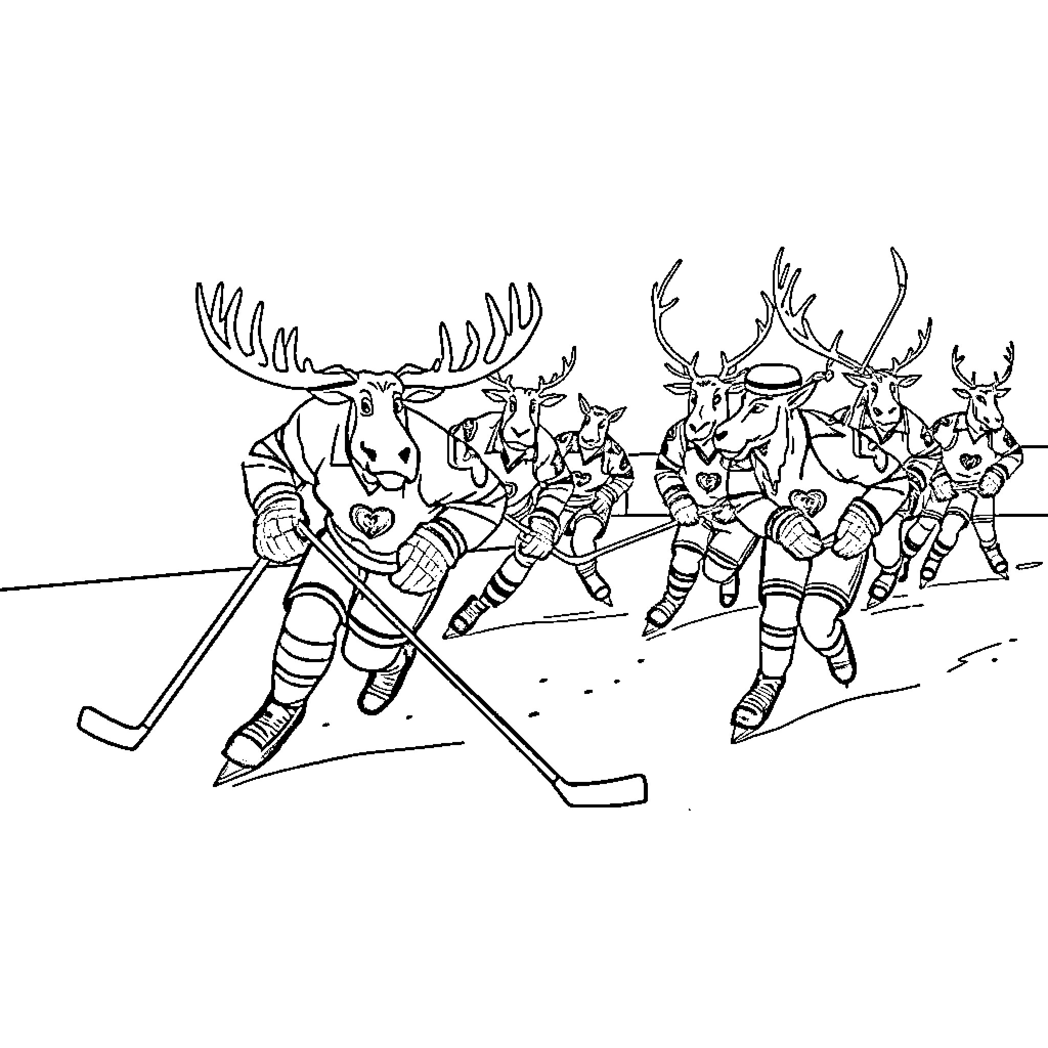 Moose Hockey Team in Action Coloring Page (free black-and-white line drawing printable PDF for all, from beginners to advanced learners, including children, teens, adults, and seniors)