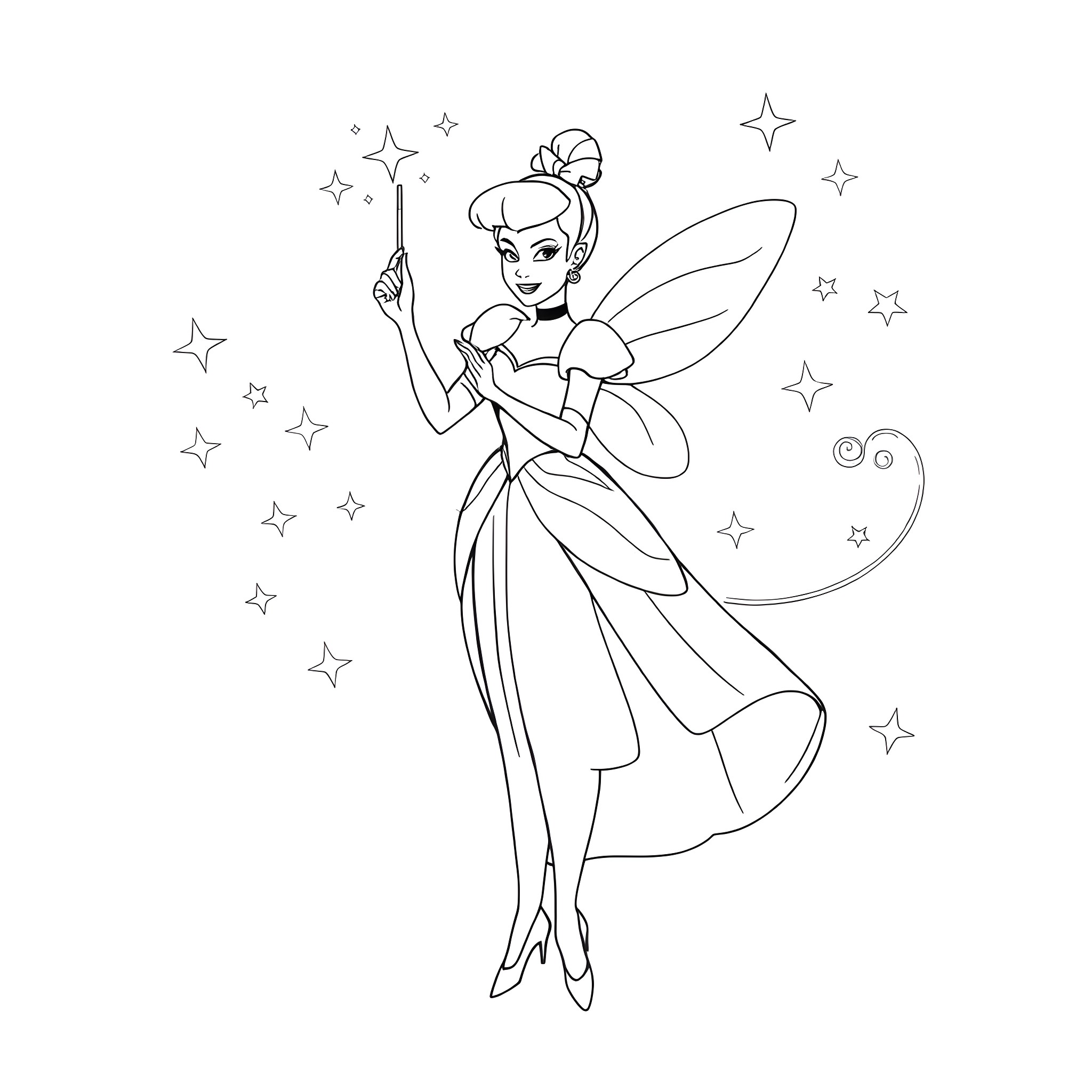 Fairy Godmother casting magical spells with wand Coloring Page (free black-and-white line drawing printable PDF for all, from beginners to advanced learners, including children, teens, adults, and seniors)