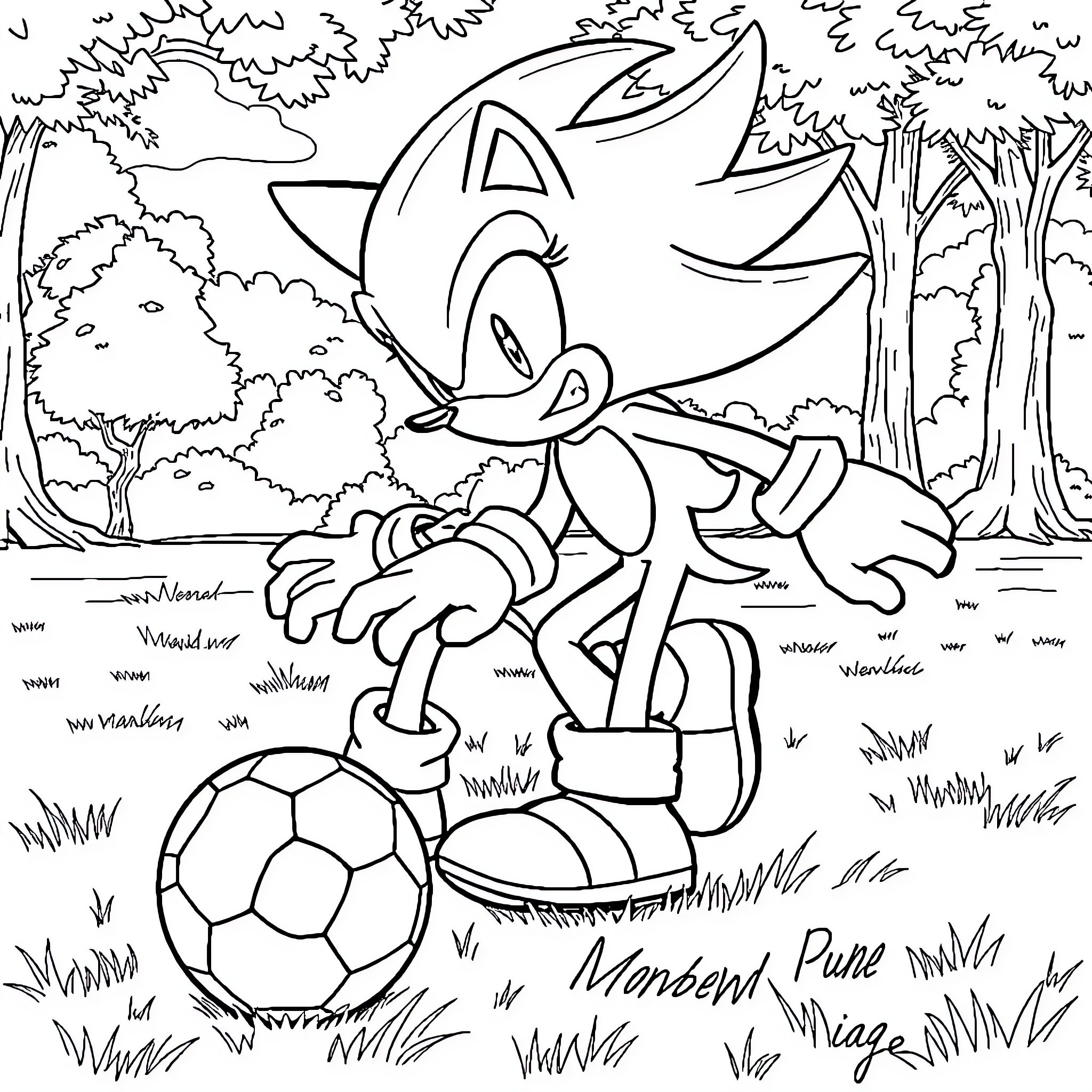 Shadow of Hedgehog Playing with Soccer Ball in Forest Coloring Page (free black-and-white line drawing printable PDF for all, from beginners to advanced learners, including children, teens, adults, and seniors)