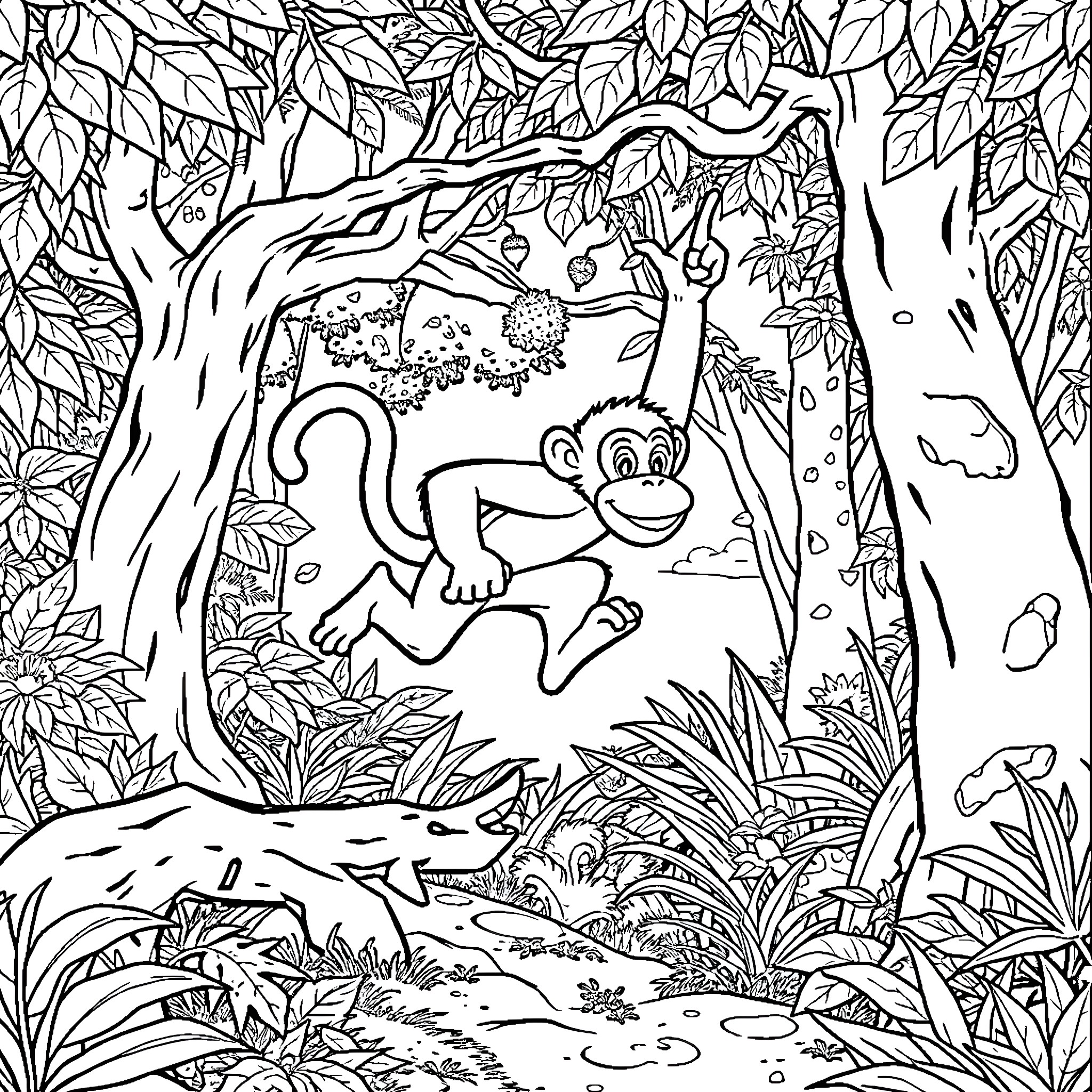 Monkey playfully exploring the lush jungle Coloring Page (free black-and-white line drawing printable PDF for all, from beginners to advanced learners, including children, teens, adults, and seniors)