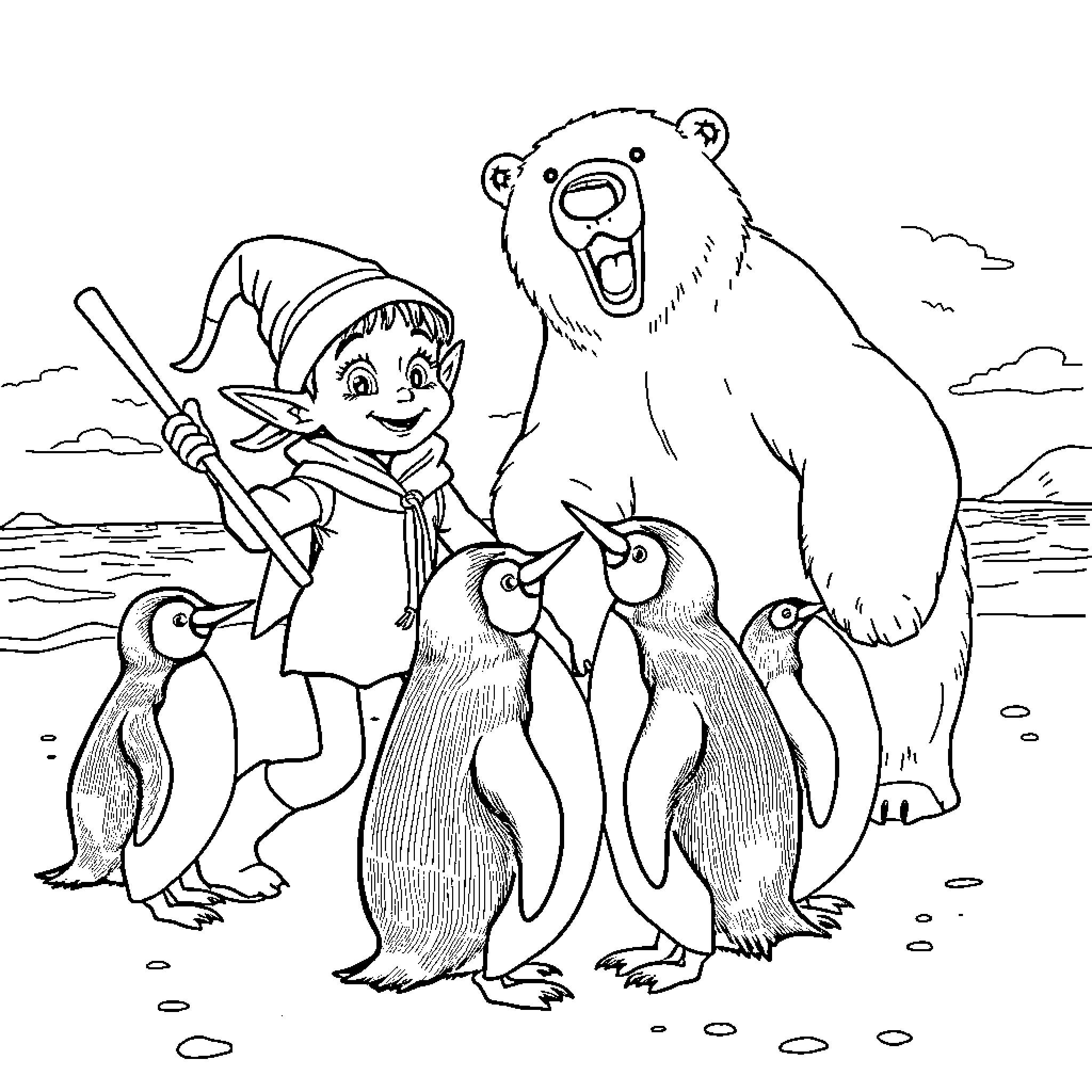 Dobby and friends explore the icy landscape Coloring Page (free black-and-white line drawing printable PDF for all, from beginners to advanced learners, including children, teens, adults, and seniors)