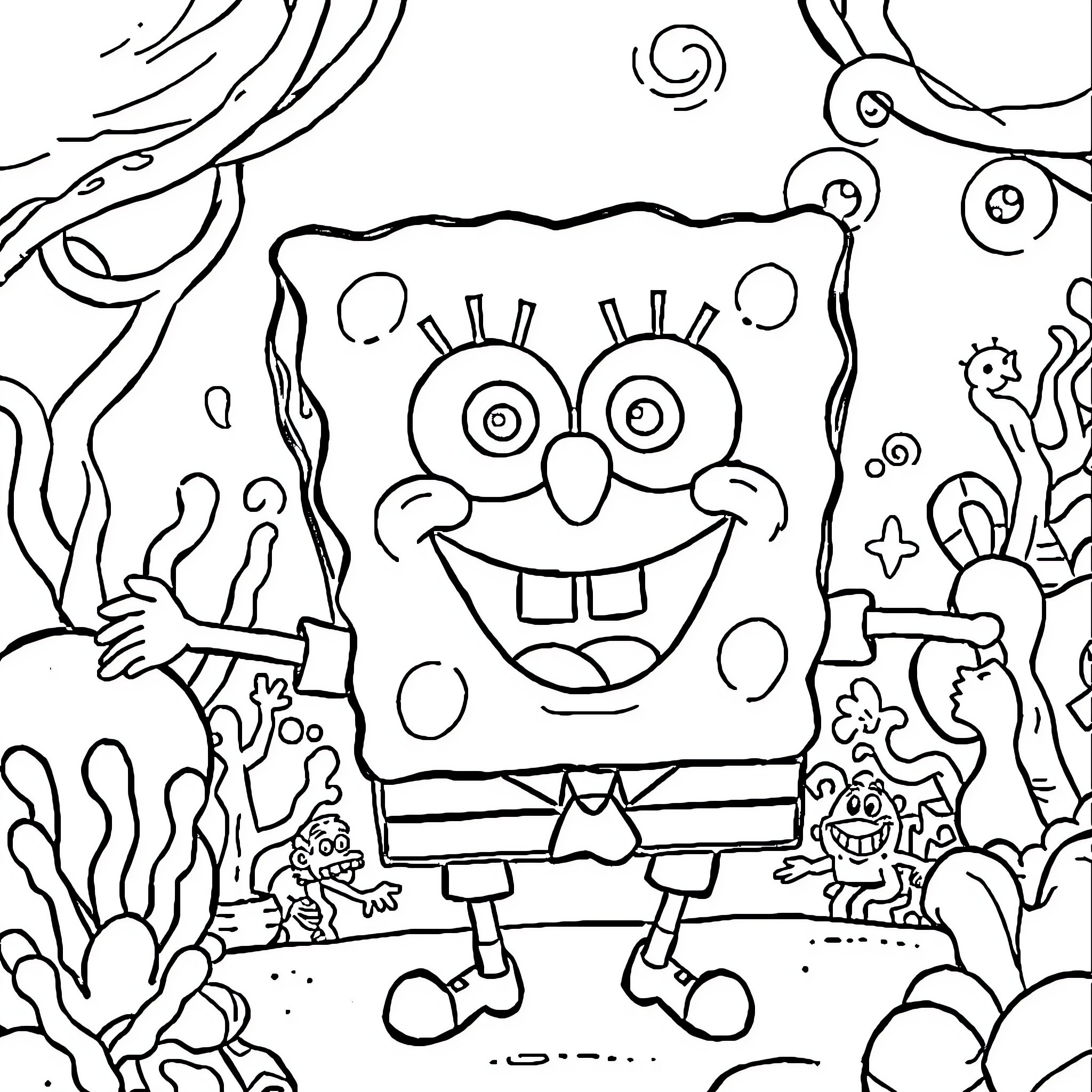 Spongebob's Underwater Antics Coloring Page (free black-and-white line drawing printable PDF for all, from beginners to advanced learners, including children, teens, adults, and seniors)