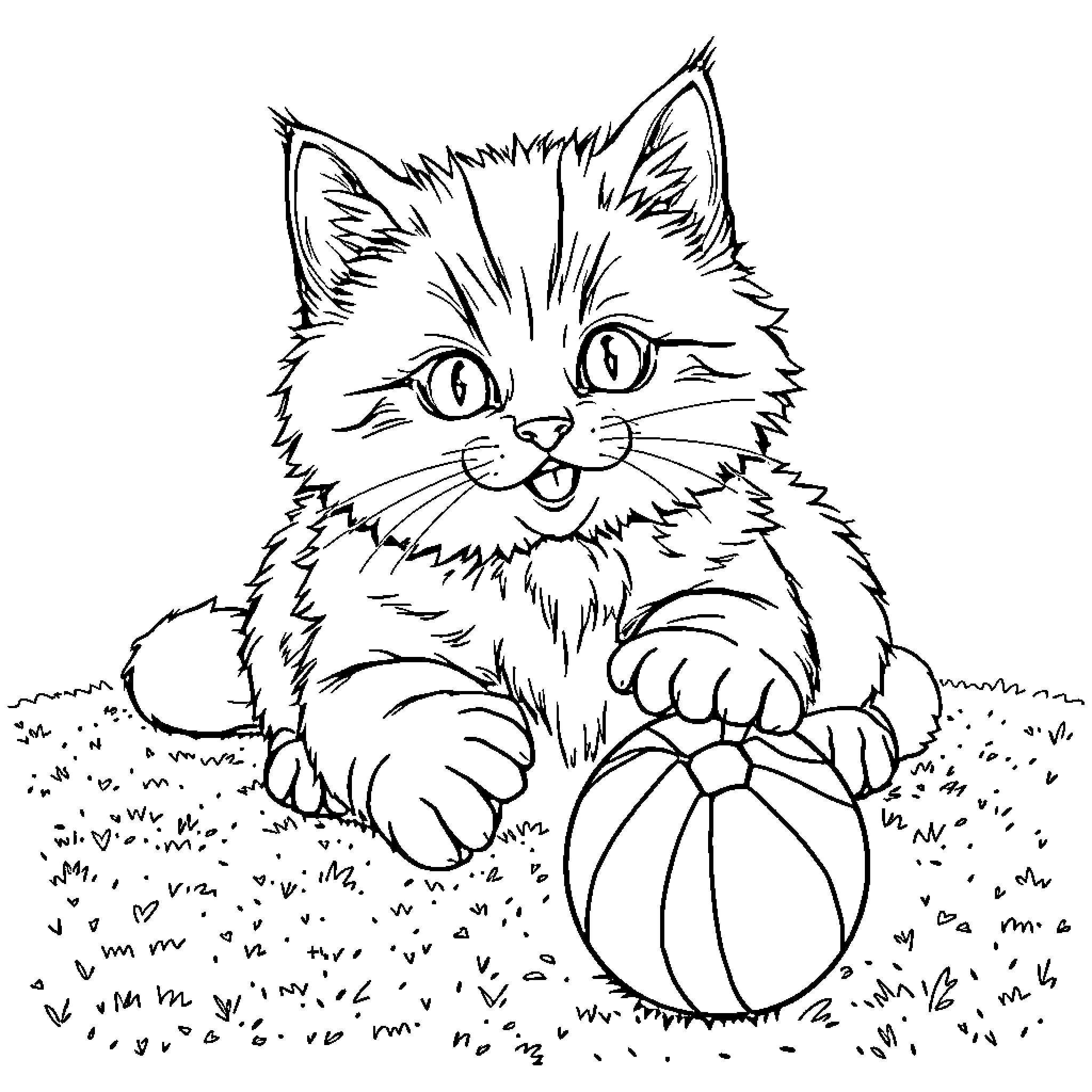 Cat Playing with Ball on Grass Coloring Page (free black-and-white line drawing printable PDF for all, from beginners to advanced learners, including children, teens, adults, and seniors)