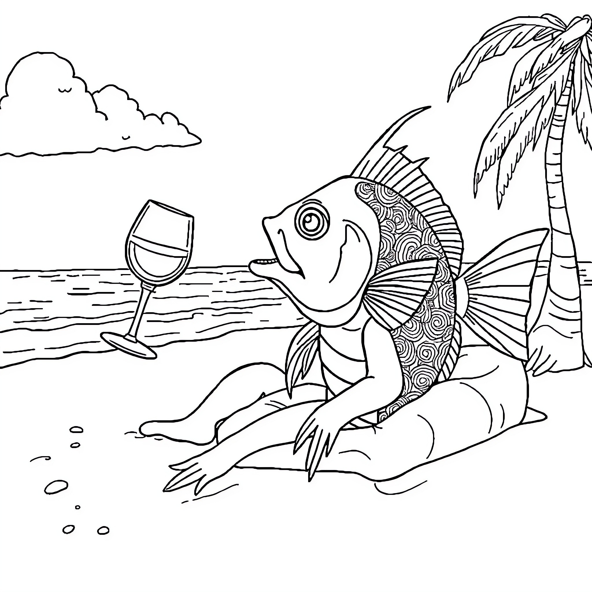 Fish relaxing on the beach with a glass of wine Coloring Page (free black-and-white line drawing printable PDF for all, from beginners to advanced learners, including children, teens, adults, and seniors)