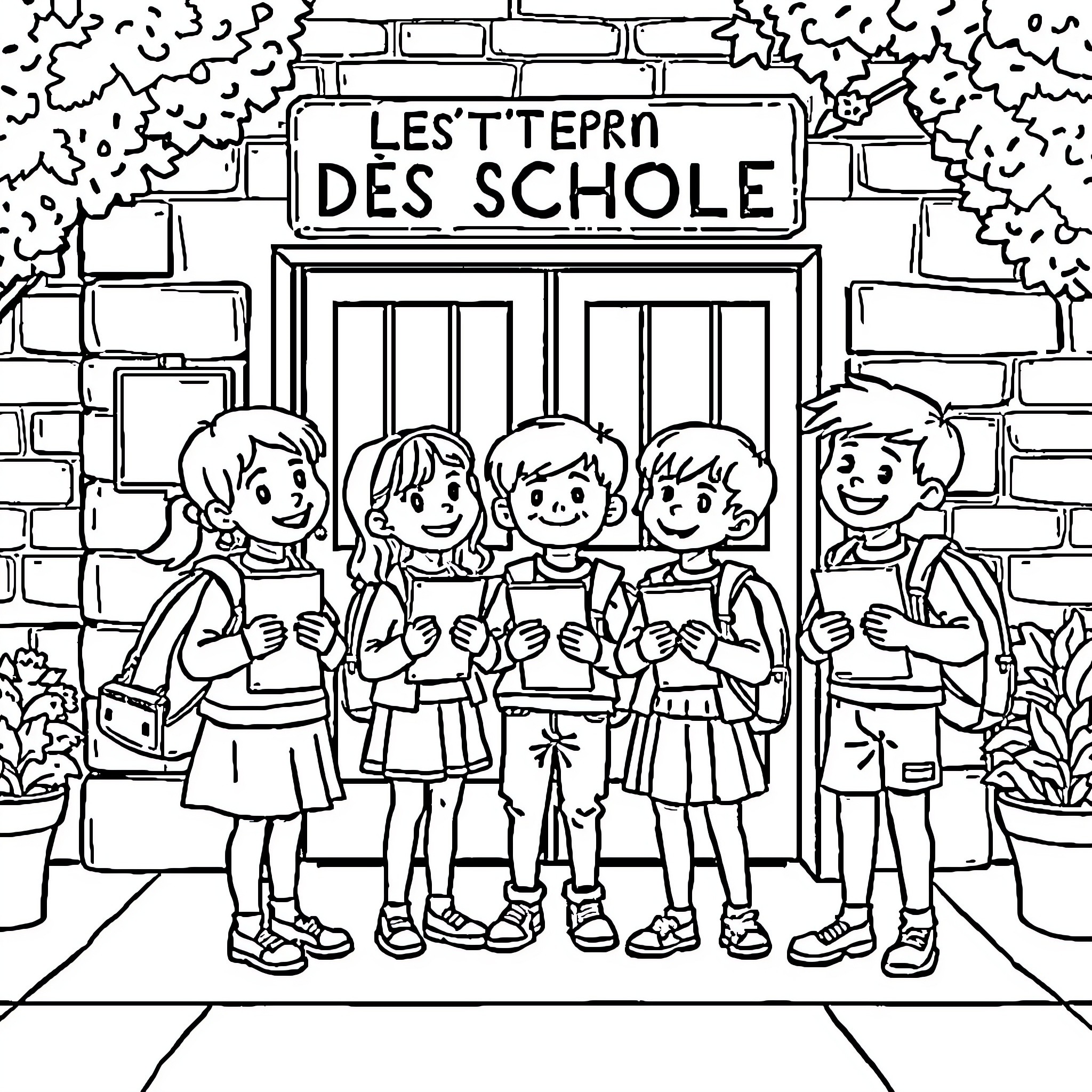 Child students gathered outside school building Coloring Page (free black-and-white line drawing printable PDF for all, from beginners to advanced learners, including children, teens, adults, and seniors)