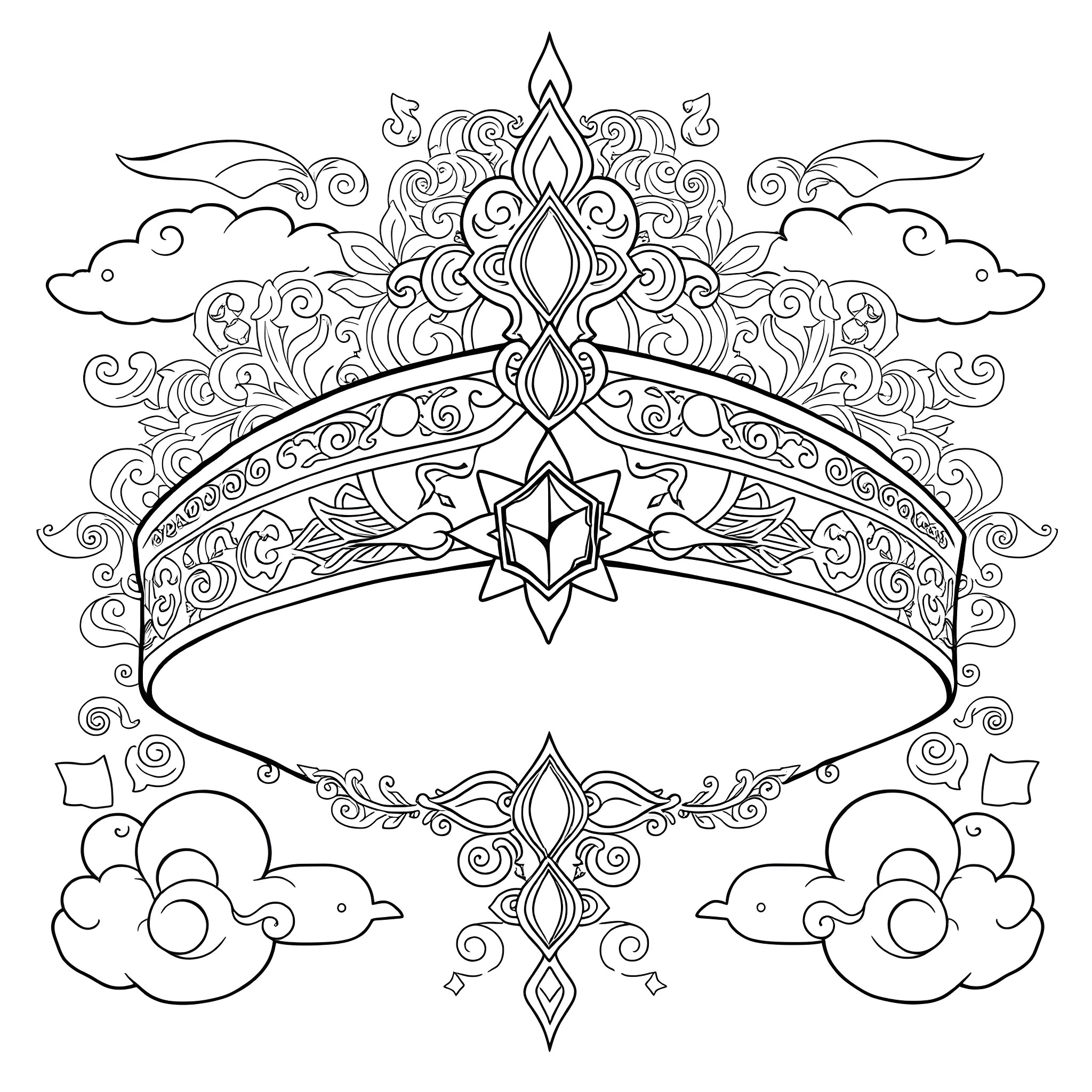 Aladdin's Enchanted Crown and Magical Clouds Coloring Page (free black-and-white line drawing printable PDF for all, from beginners to advanced learners, including children, teens, adults, and seniors)