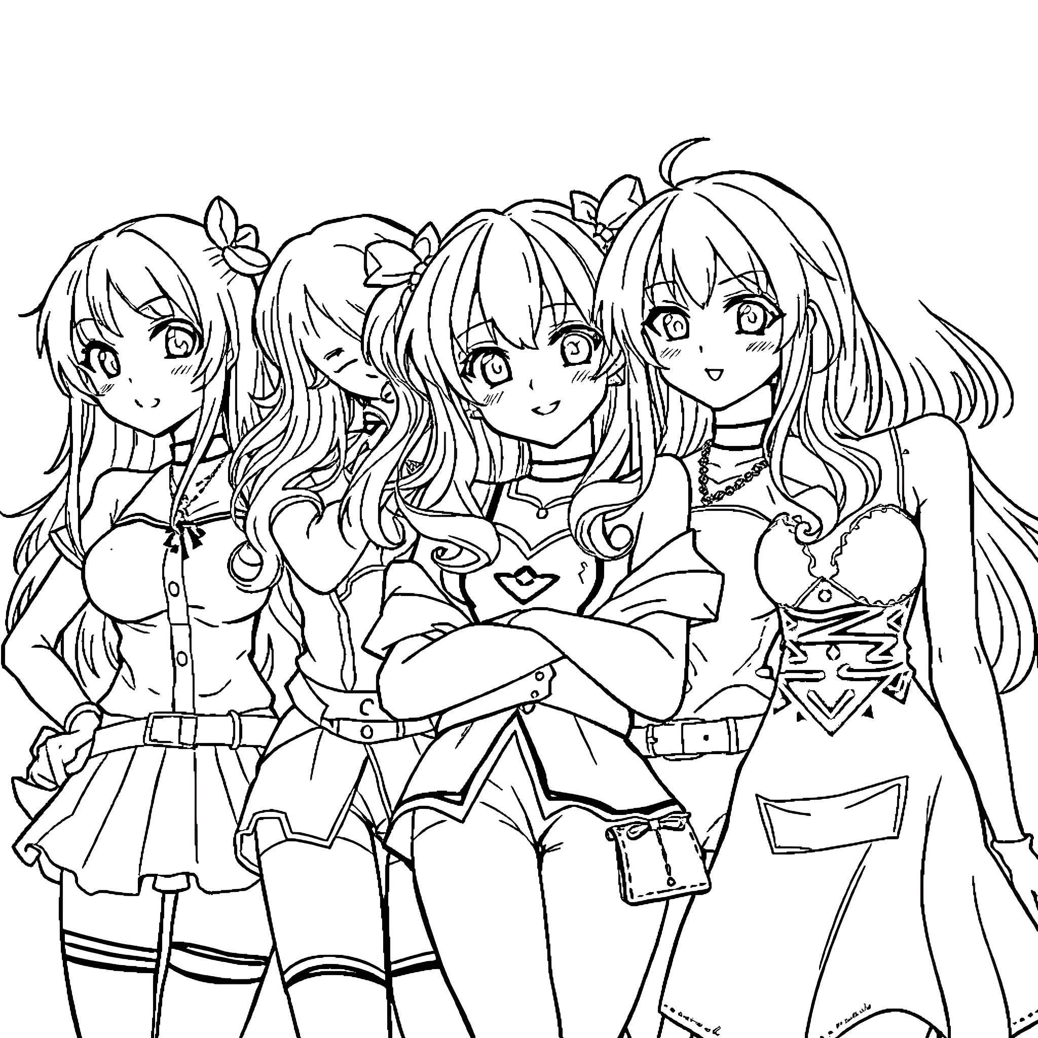 Anime Girls in Stylish Outfits and Expressions Coloring Page (free black-and-white line drawing printable PDF for all, from beginners to advanced learners, including children, teens, adults, and seniors)