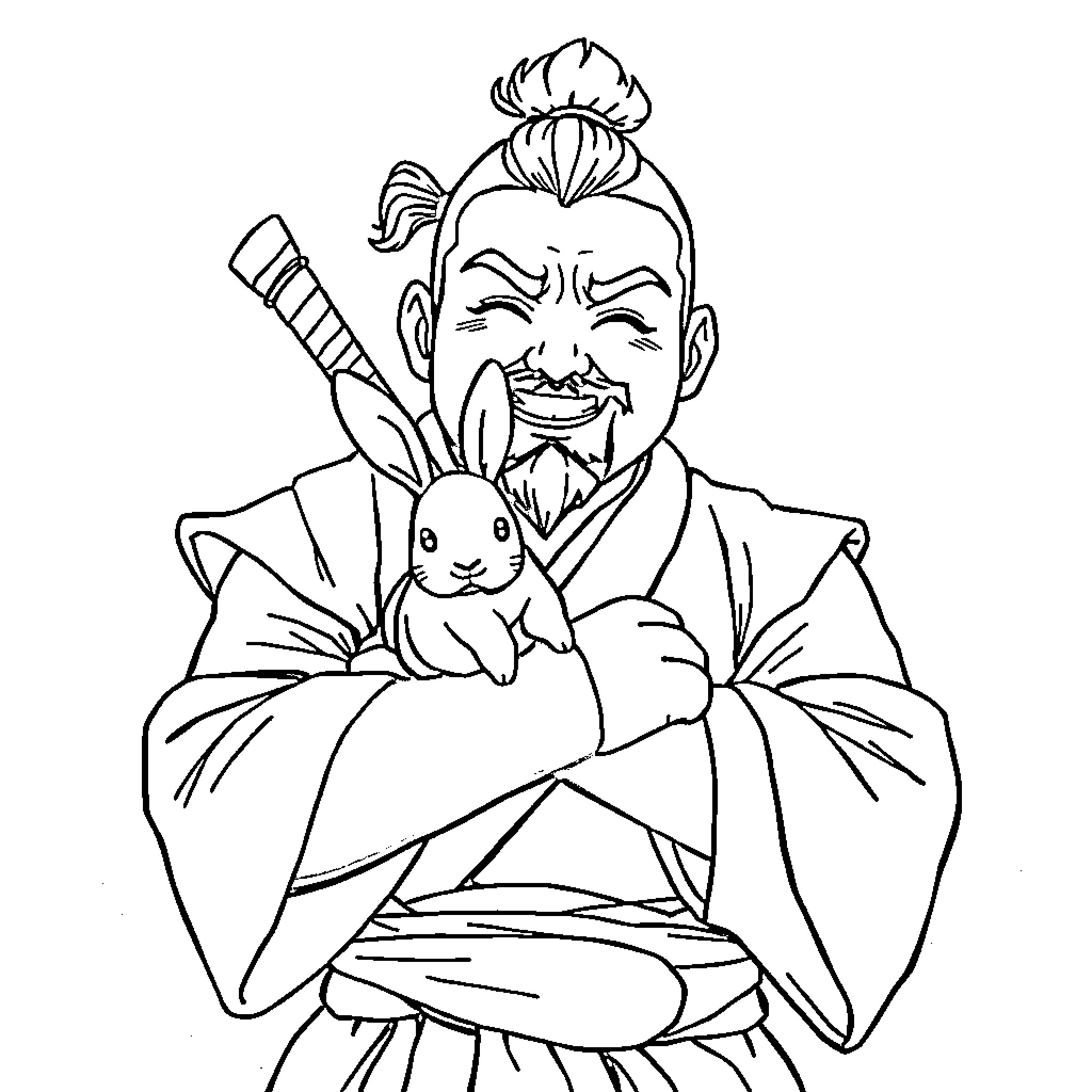 Sangoku character with pet rabbit in traditional outfit Coloring Page (free black-and-white line drawing printable PDF for all, from beginners to advanced learners, including children, teens, adults, and seniors)