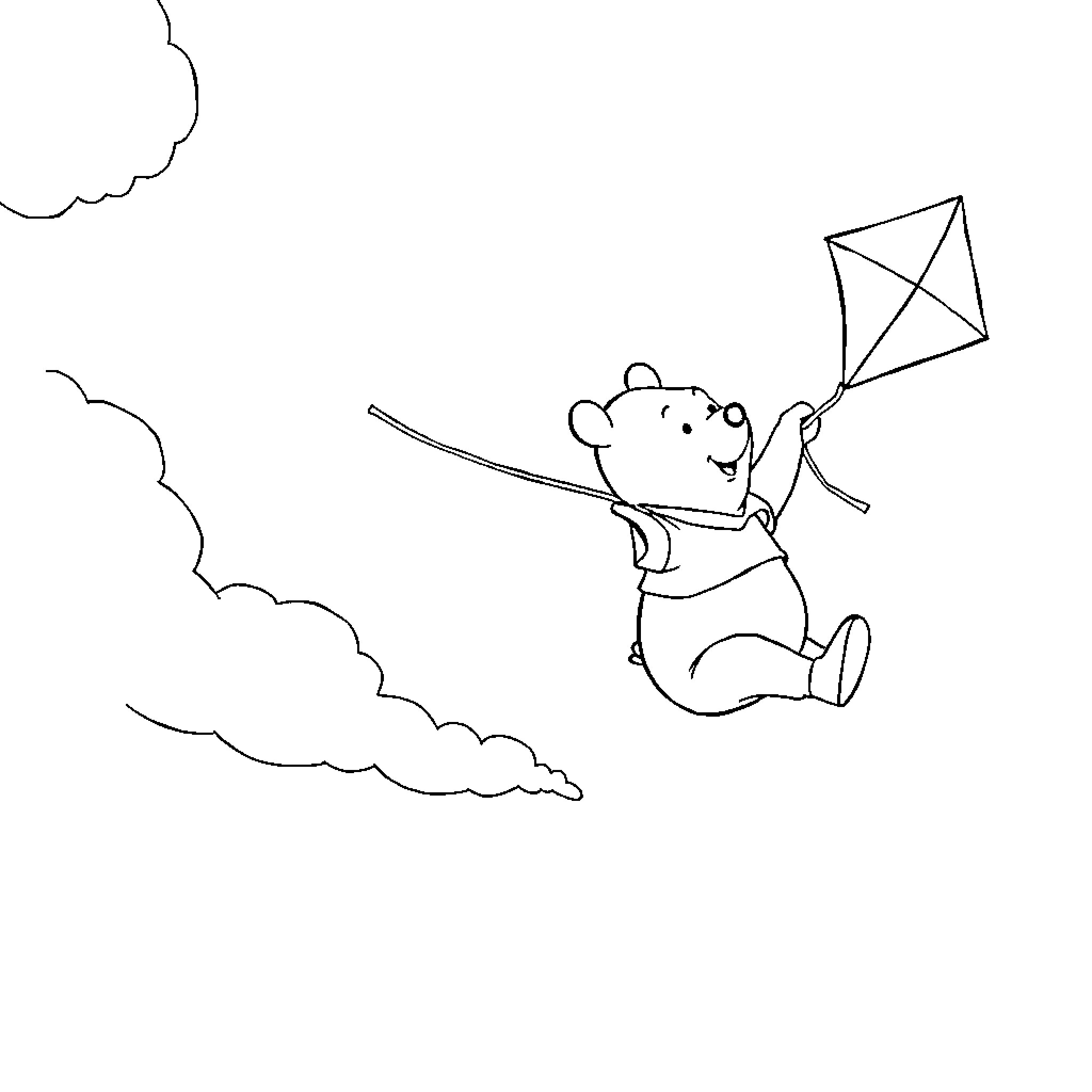 Winnie The Pooh flying a kite on a cloudy day Coloring Page (free black-and-white line drawing printable PDF for all, from beginners to advanced learners, including children, teens, adults, and seniors)