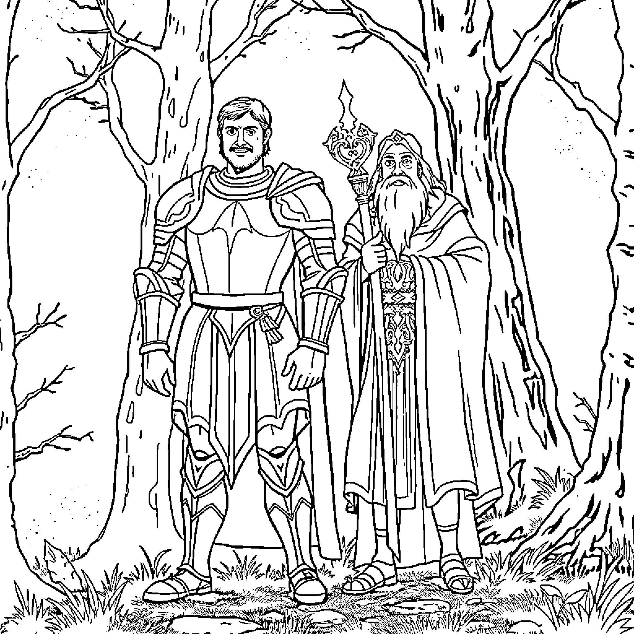 King Arthur and Merlin in the Enchanted Forest Coloring Page (free black-and-white line drawing printable PDF for all, from beginners to advanced learners, including children, teens, adults, and seniors)